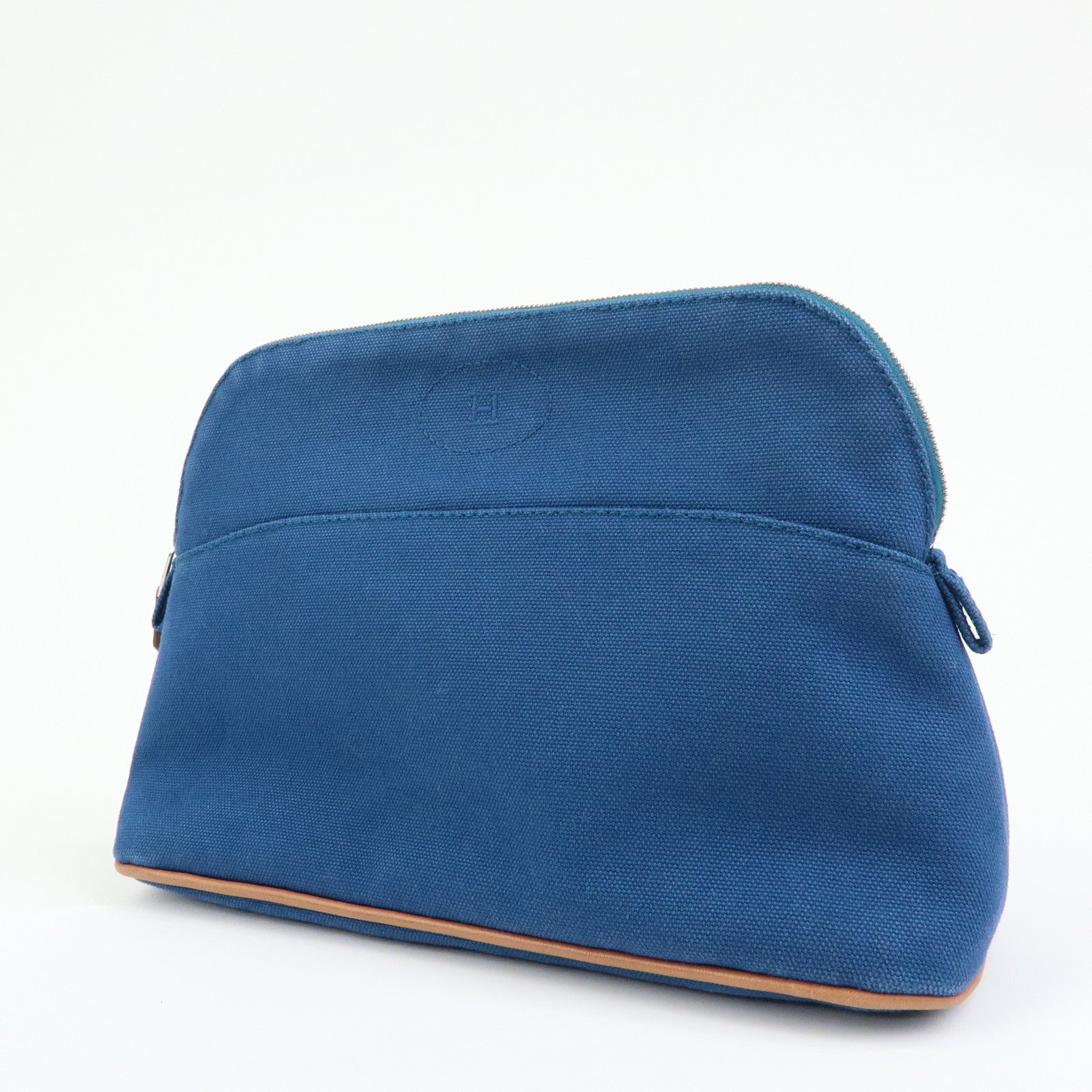 HERMES Bolide MM Cotton Leather Costmetic Pouch Blue