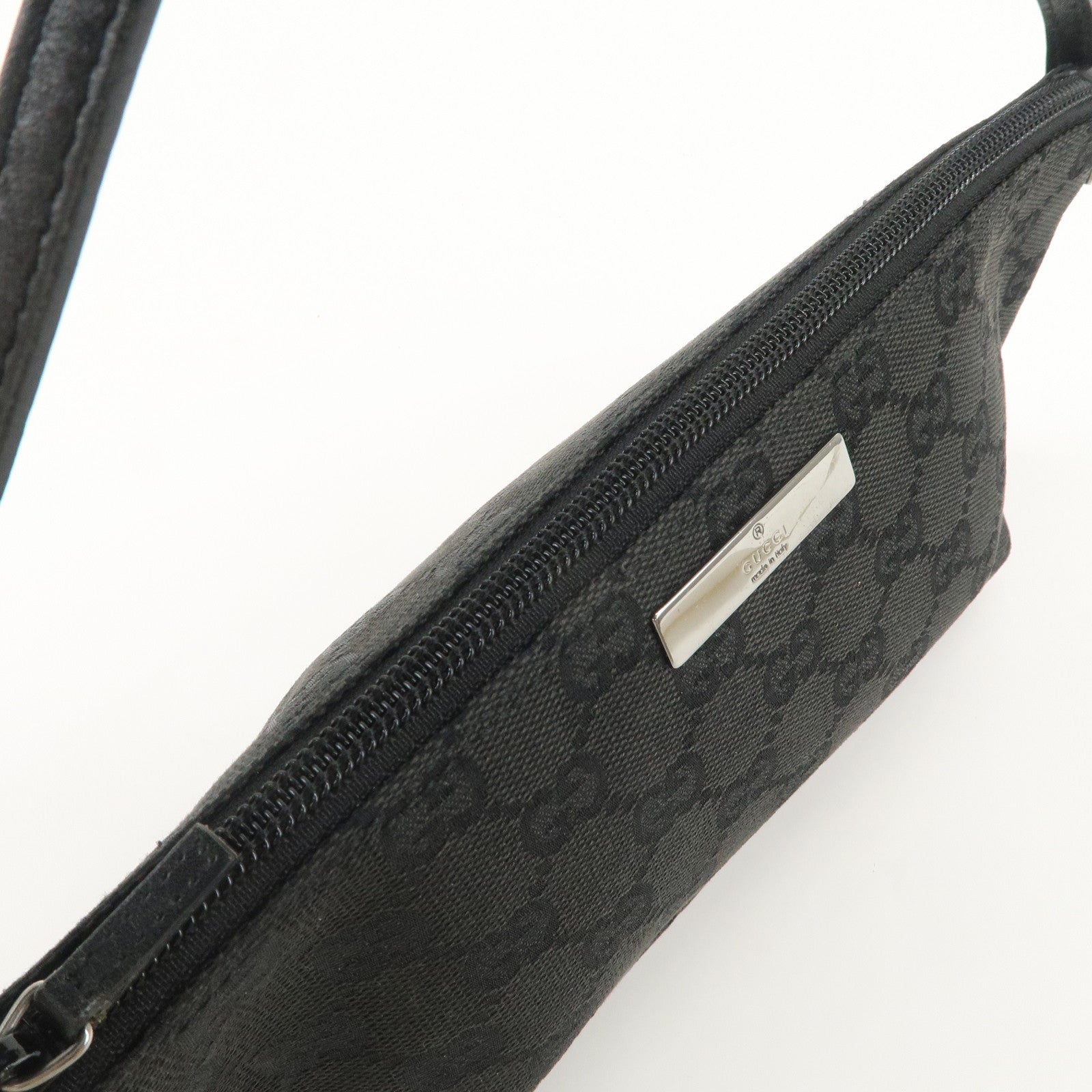 GUCCI Boat Bag GG Canvas Leather Hand Bag Pouch Black 07198