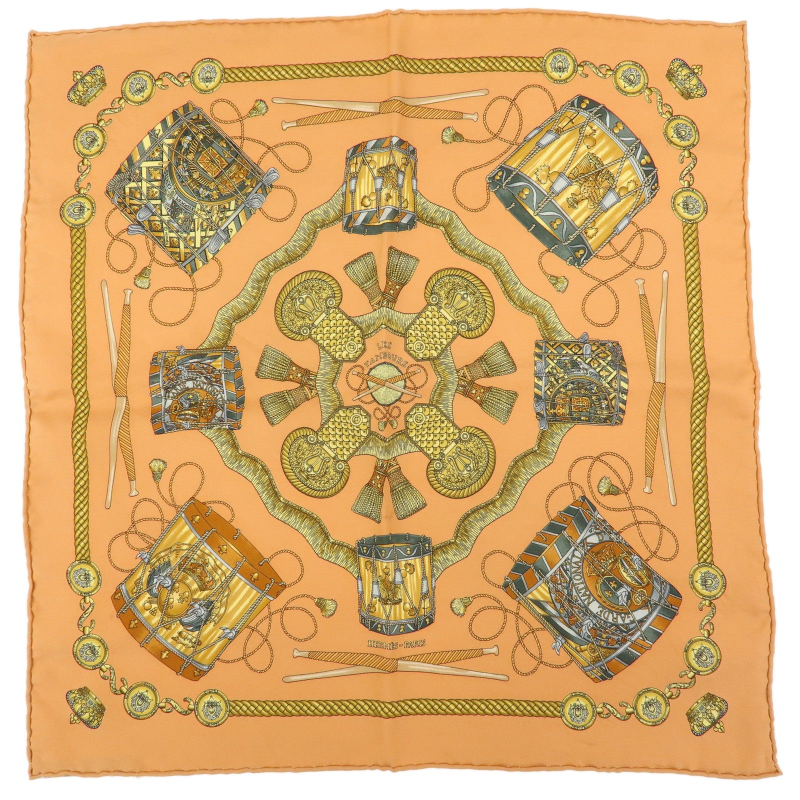HERMES Carre 45 Silk 100% Scarf LES TAMBOURS Drum Print Orange Gold