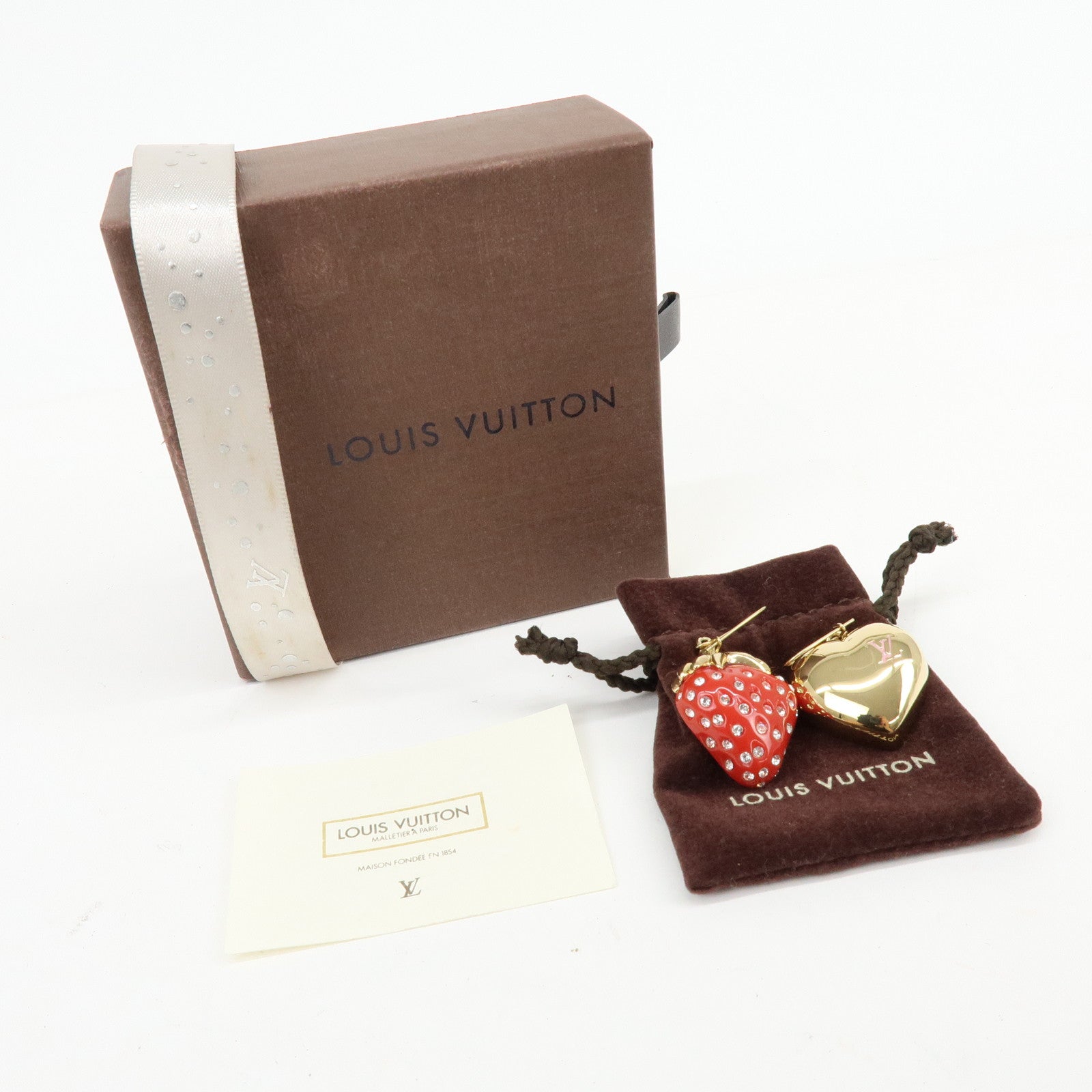 Louis Vuitton Metal Rhinestone Strawberry Earrings Gold Red M64922