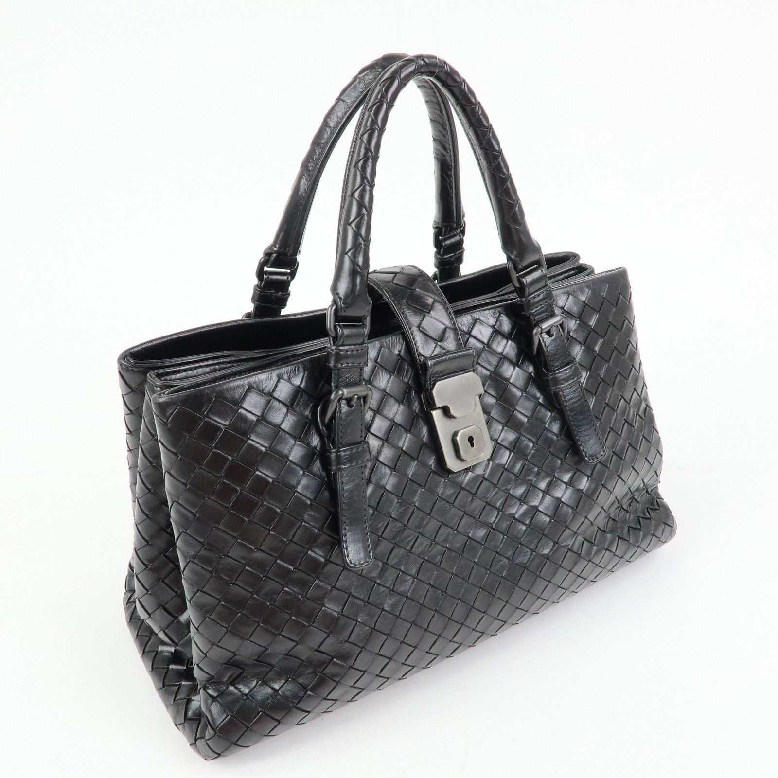 BOTTEGA VENETA Intrecciato Leather Hand Bag Roma Bag Black
