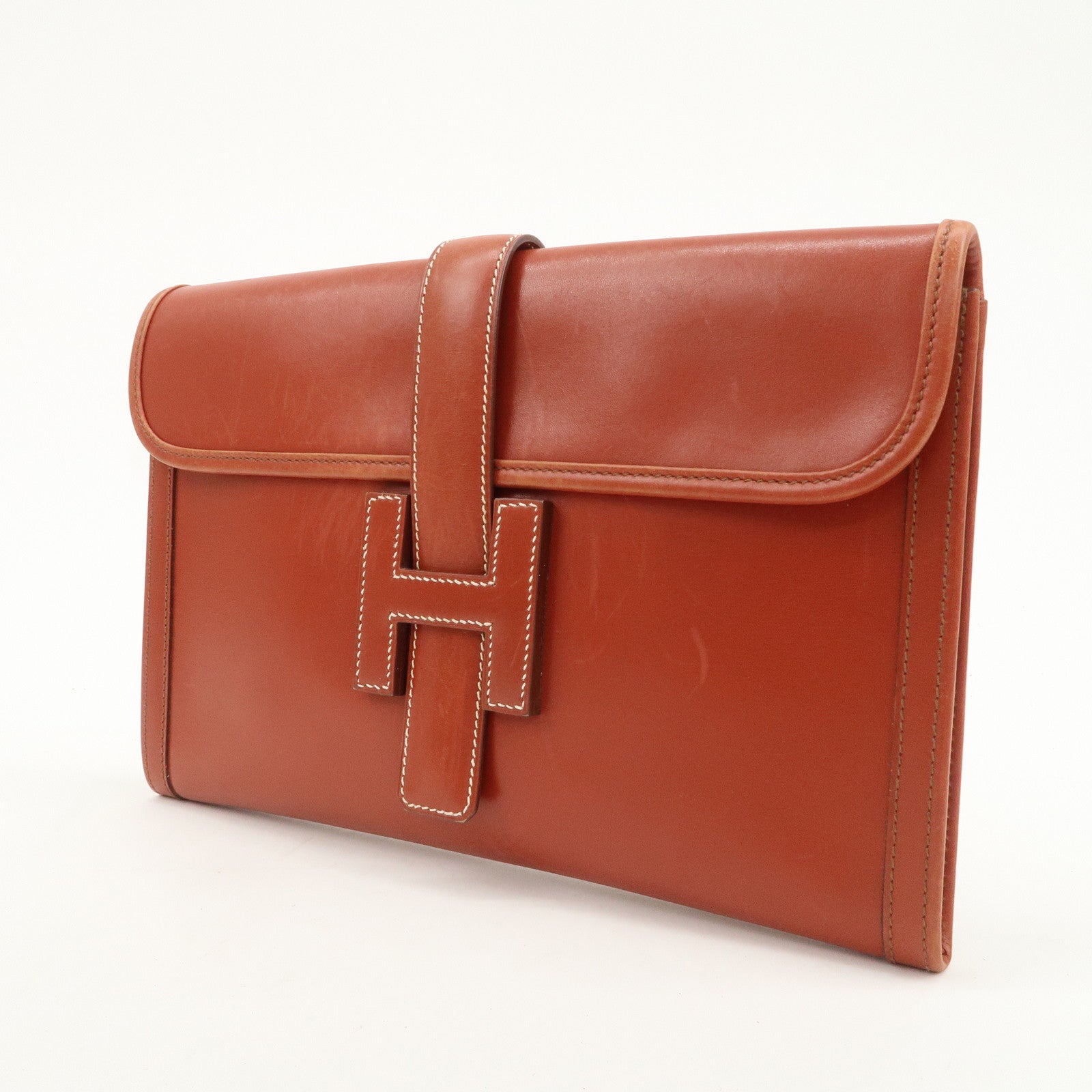 HERMES Box Calf Leather Jige PM □C Stamped Clutch Bag Brown