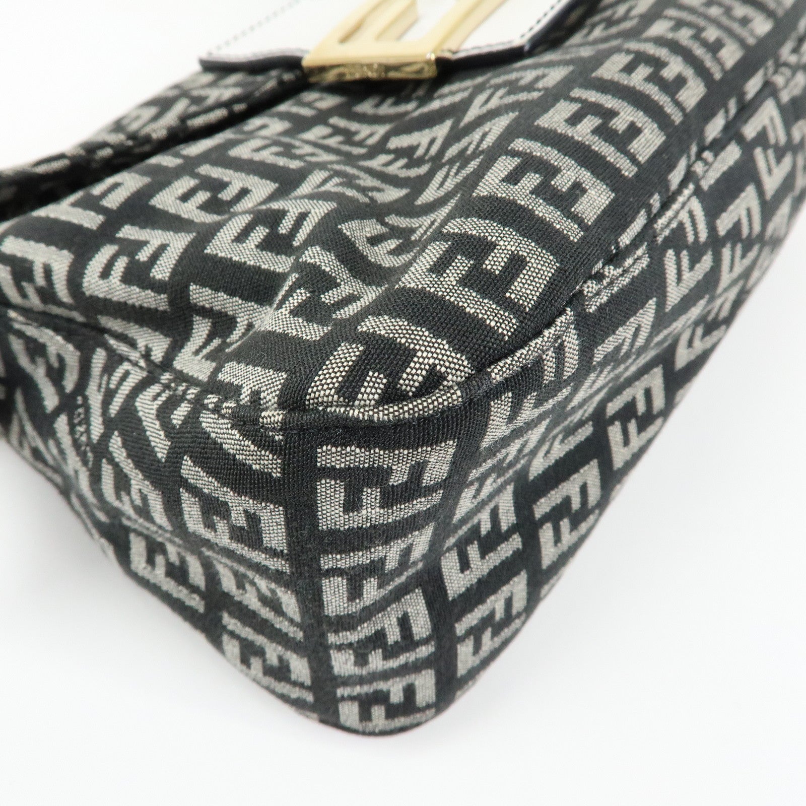 FENDI Zucchino Canvas Leather Shoulder Hand Bag Black White 8BR003