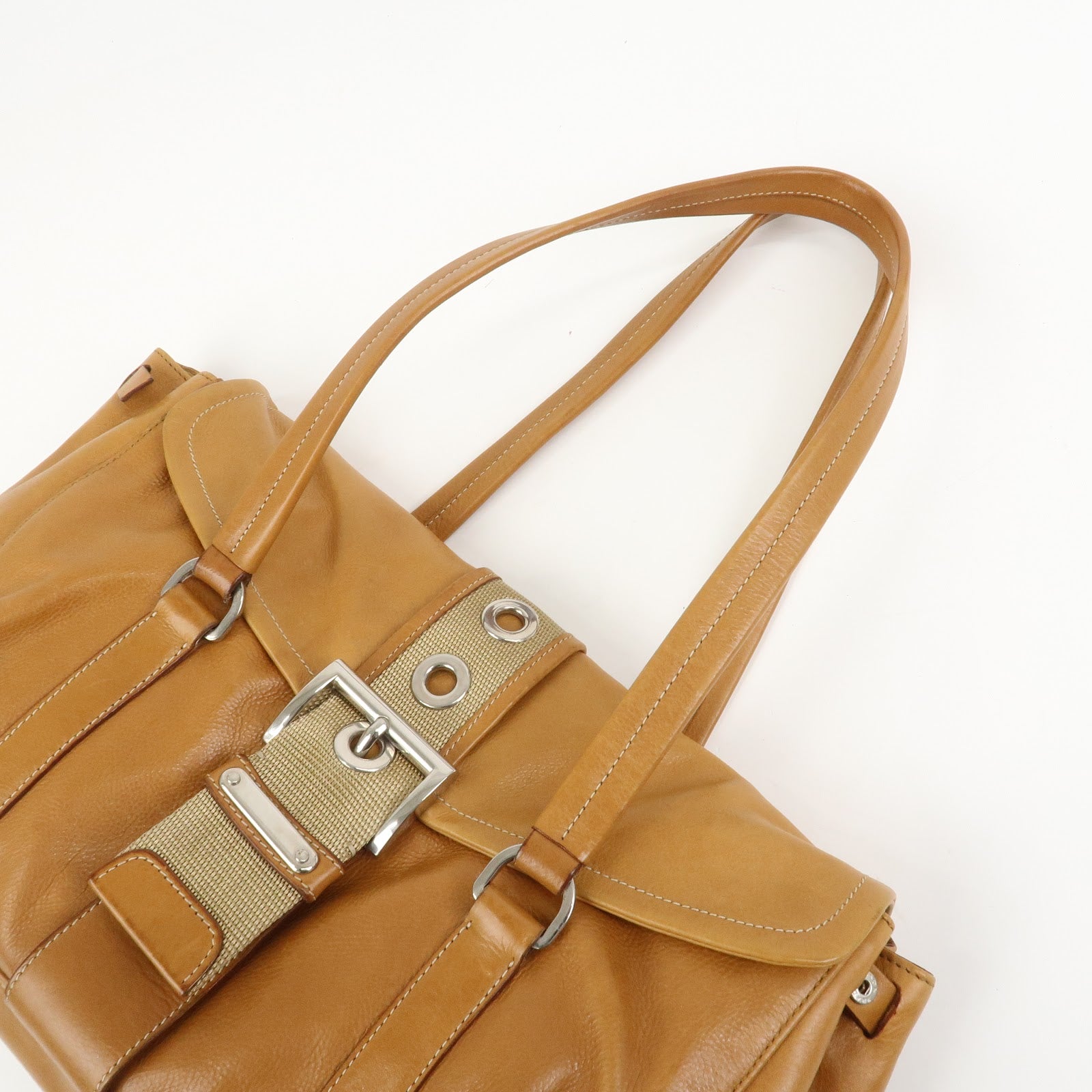 PRADA Triangle Logo Leather Nylon Shoulder Bag Brown BR2418