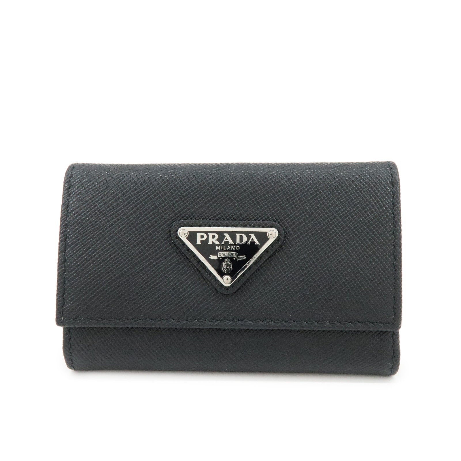 PRADA Triangle Logo Saffiano Leather Key Case Key Ring Black 1PG004