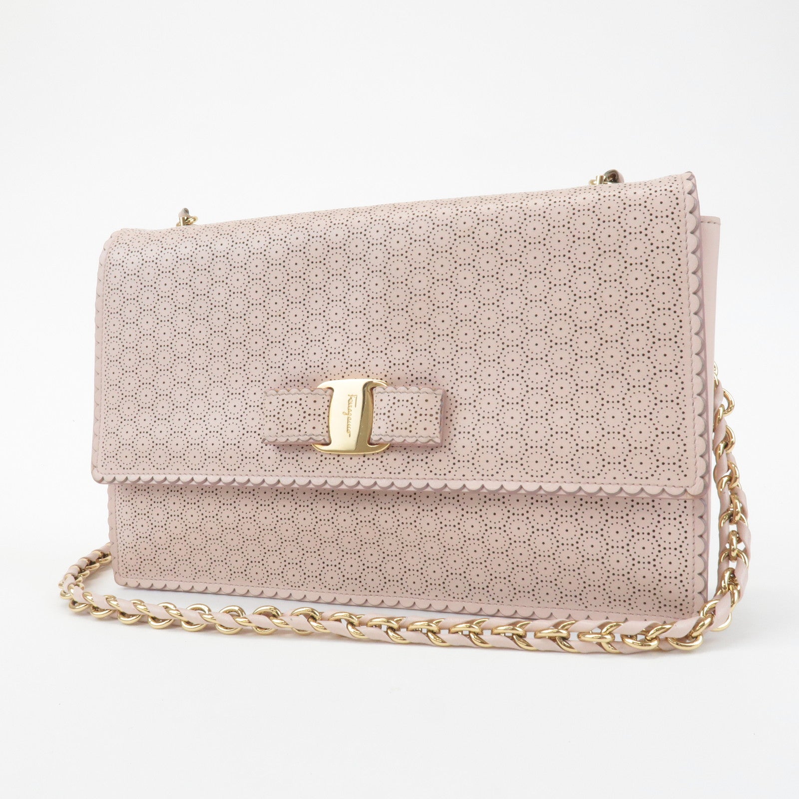 Ferragamo Vara Leather Ribbon Chain Shoulder Bag Pink Used