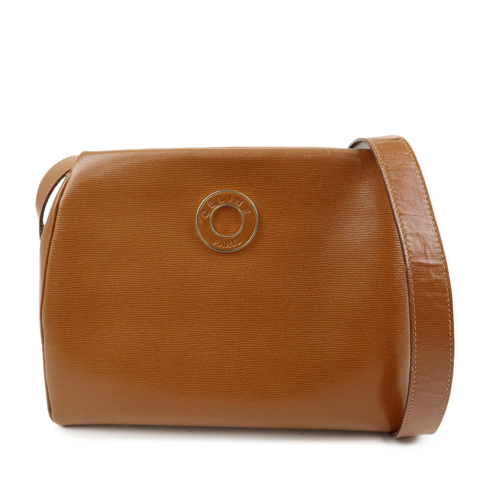 CELINE Ring Logo Leather Shoulder Bag Crossbody Bag Camel