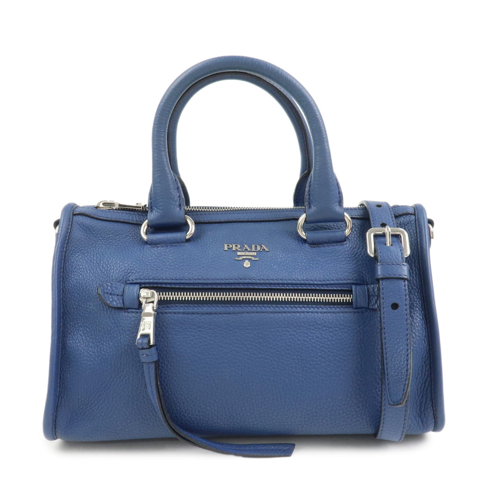 PRADA Leather 2Way Bag Hand Bag Shoulder Bag Blue Silver