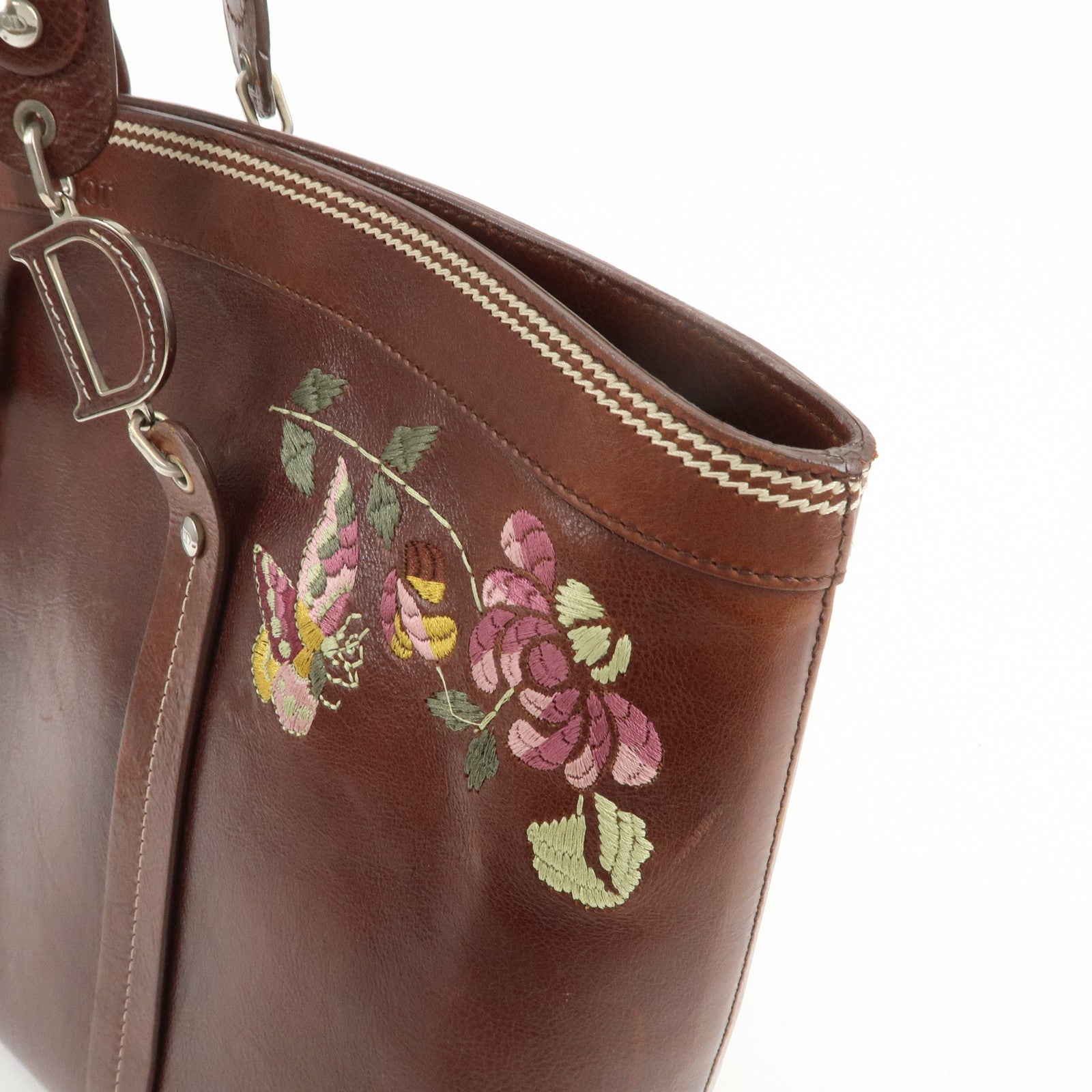 Christian Dior Leather Flower Embroidery Tote Shoulder Bag Brown