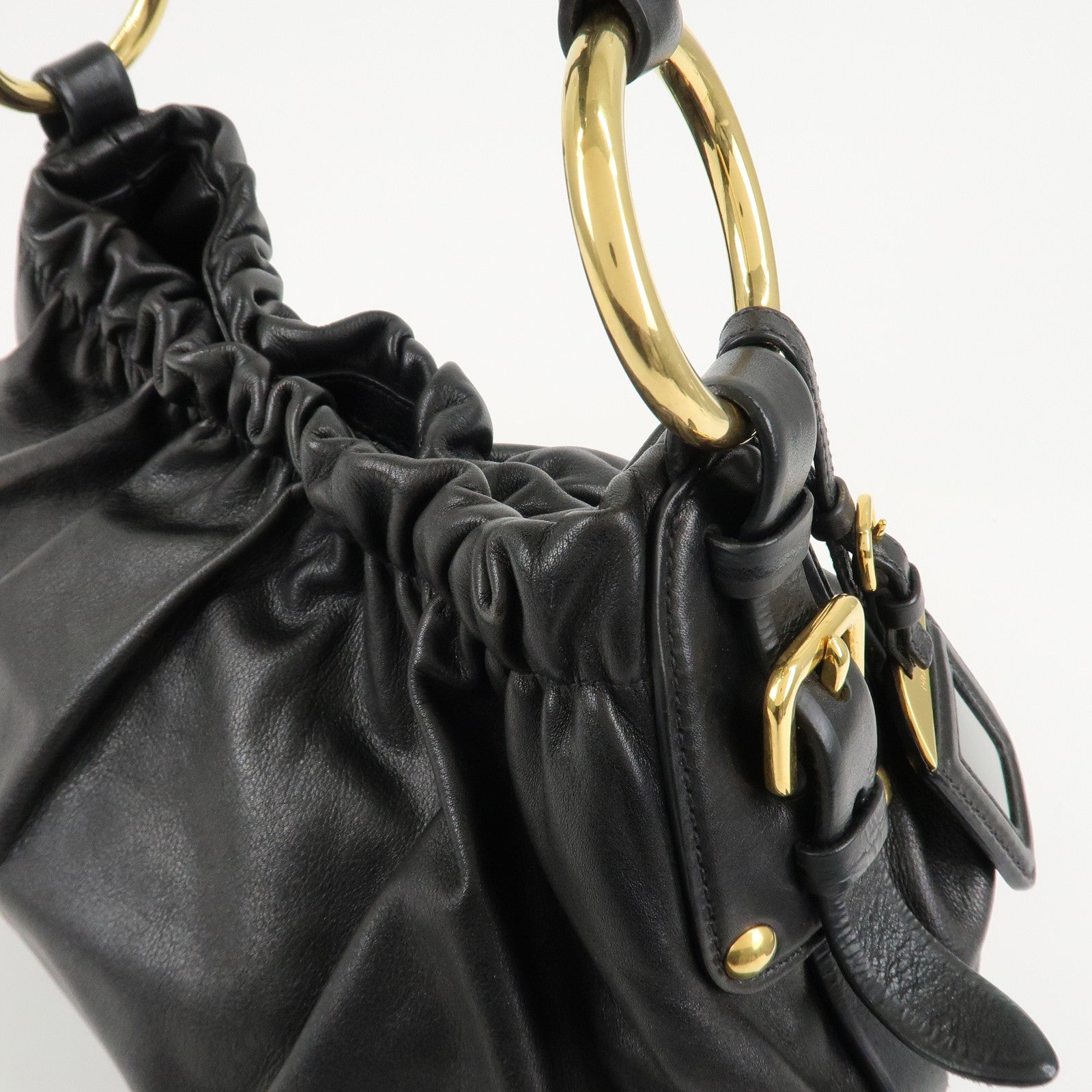 PRADA Nylon Leather Gathered One Shoulder Bag Black Gold HDW