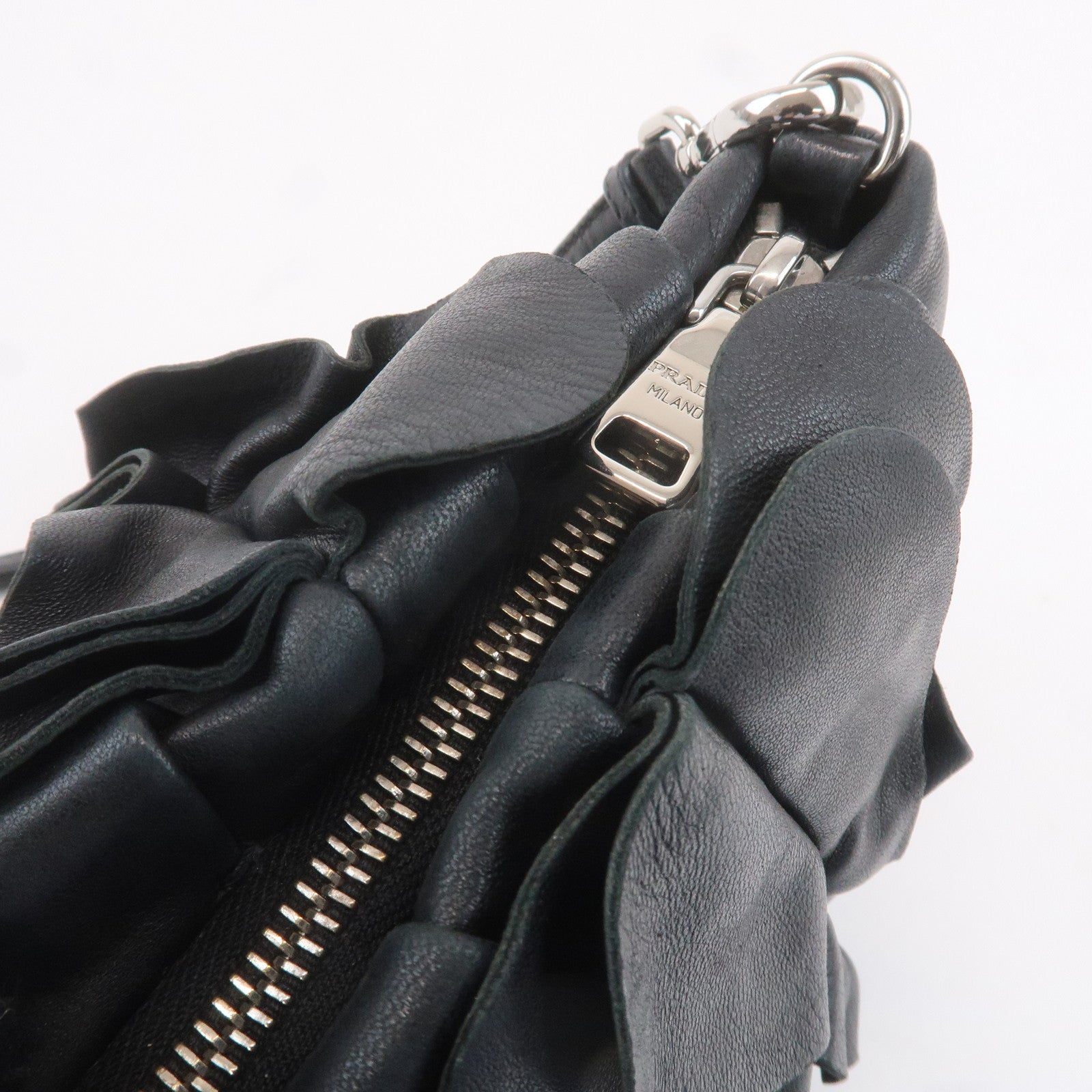 PRADA Leather Gathered Shoulder Bag Black