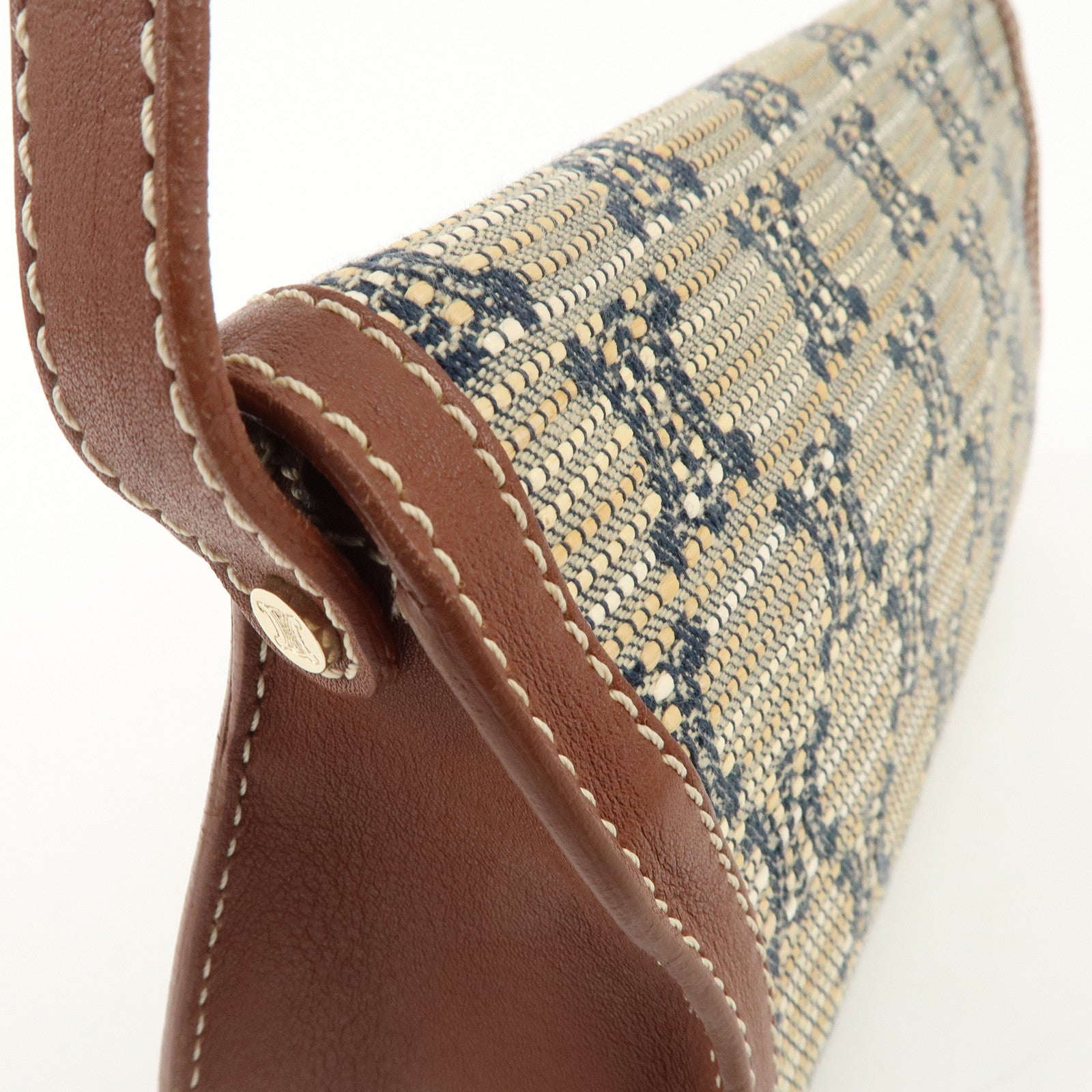 CELINE Macadam Canvas Leather Shoulder Bag Beige Navy Brown Used