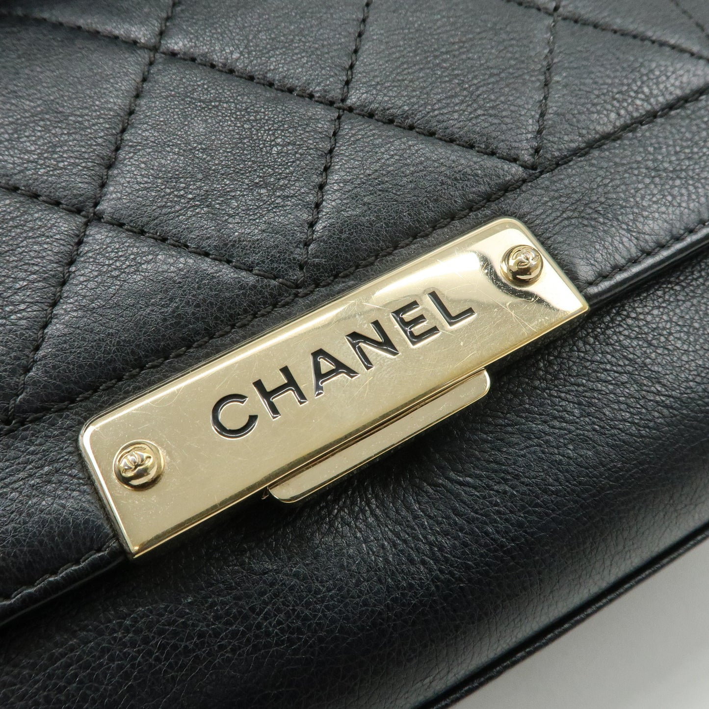 CHANEL Logo Leather 2WAY Shoulder Bag Black Gold Hardware