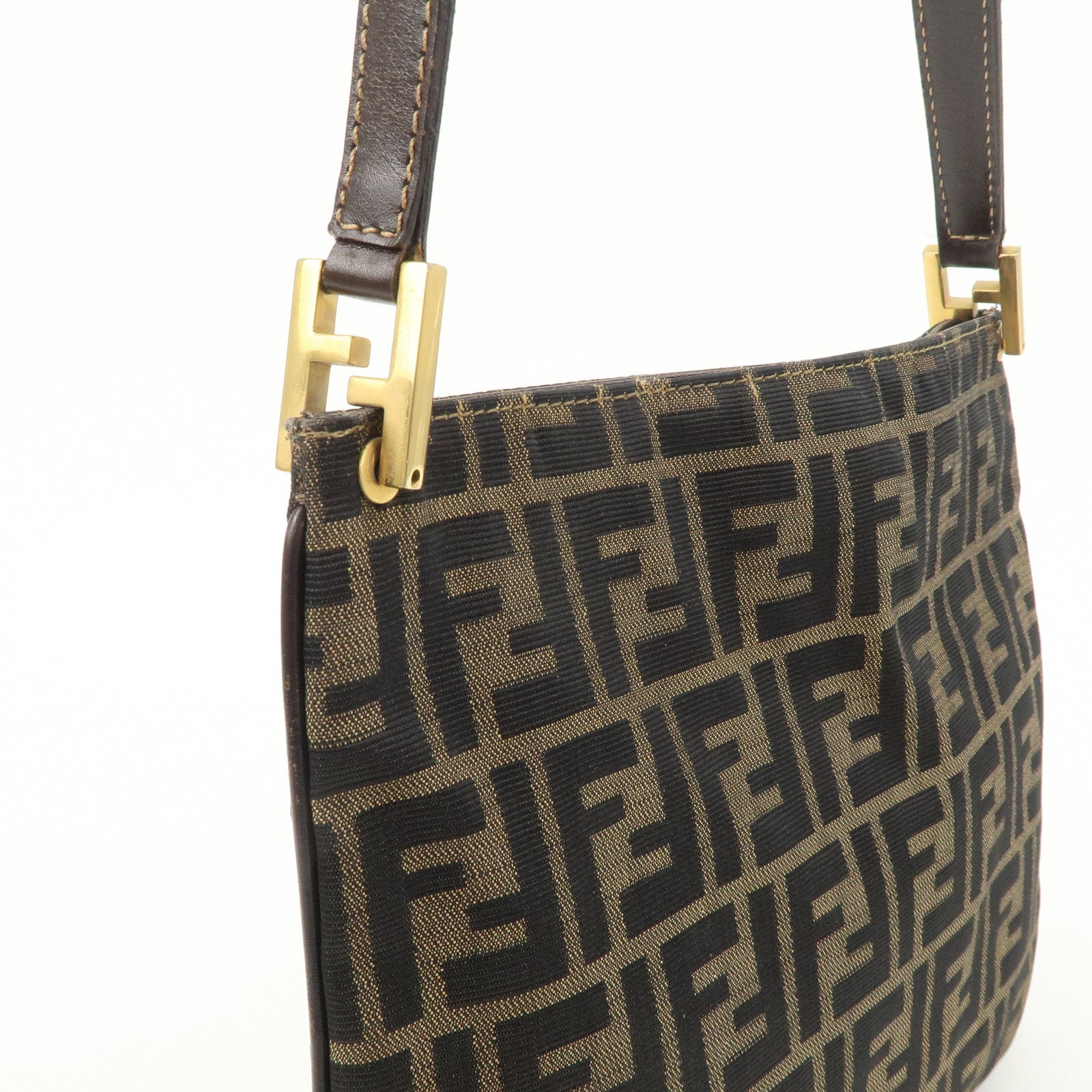 FENDI Zucca Canvas Leather Shoulder Bag Brown Black Gold Hardware