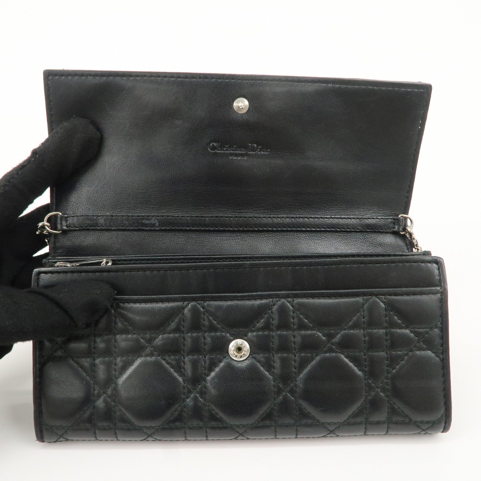 Christian Dior Cannage Leather Chain Long Wallet WOC Black