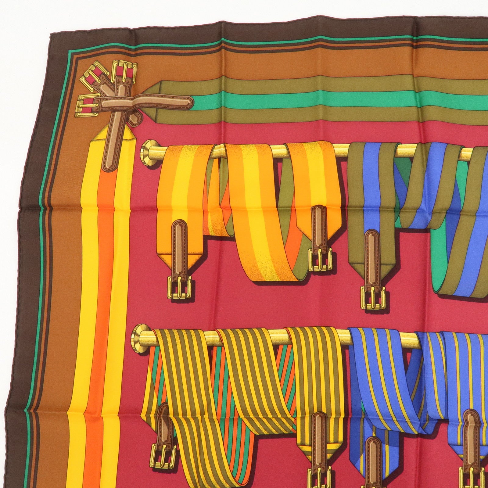 HERMES Carre 90 Silk 100% Scarf J.METZ Les Sangles Wine Red Yellow
