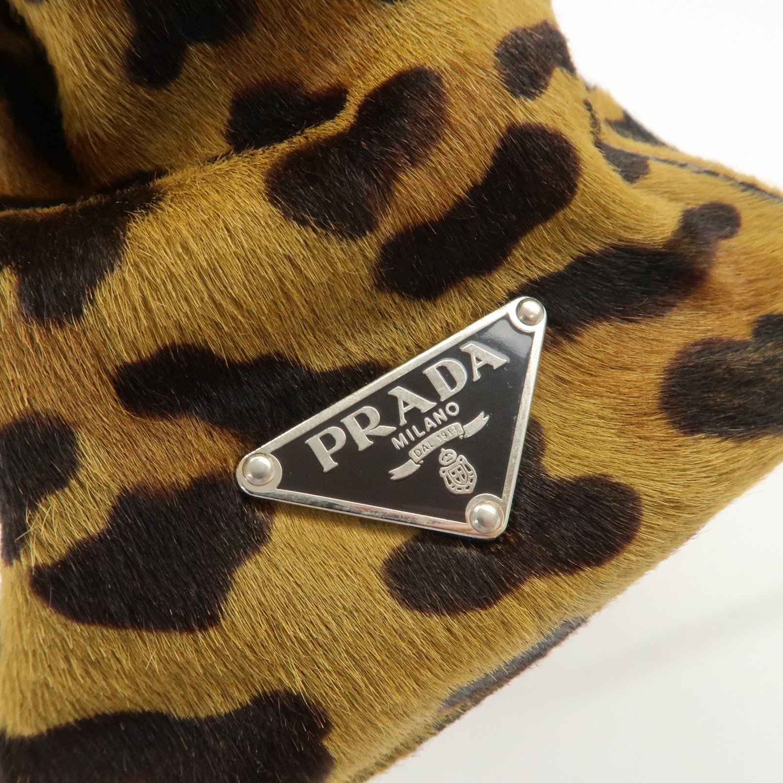 PRADA Logo Unborn Calf Leopard Shoulder Bag Hand Bag Brown Used