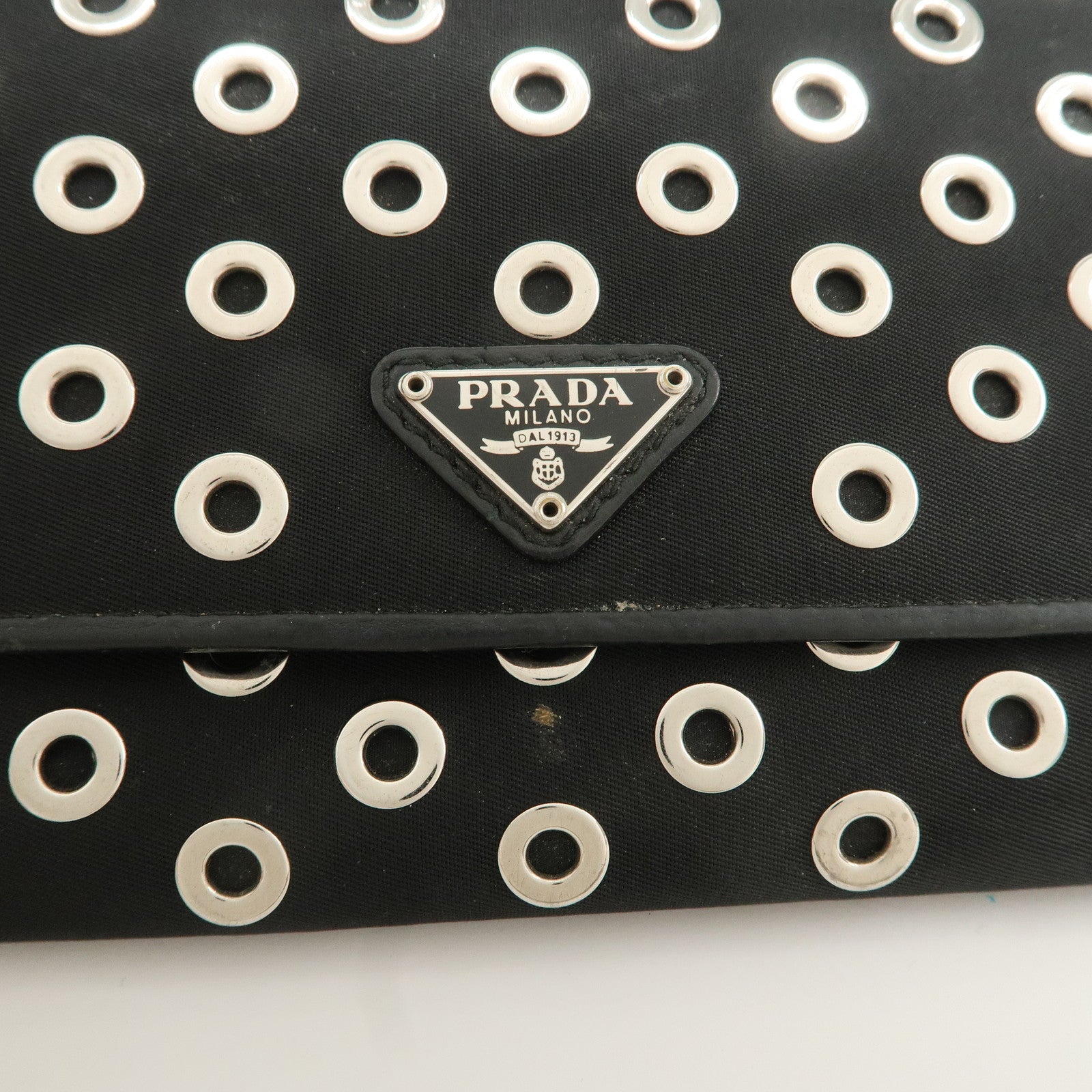 PRADA Grommet Nylon Leather Chain Long Wallet Black Silver HDW