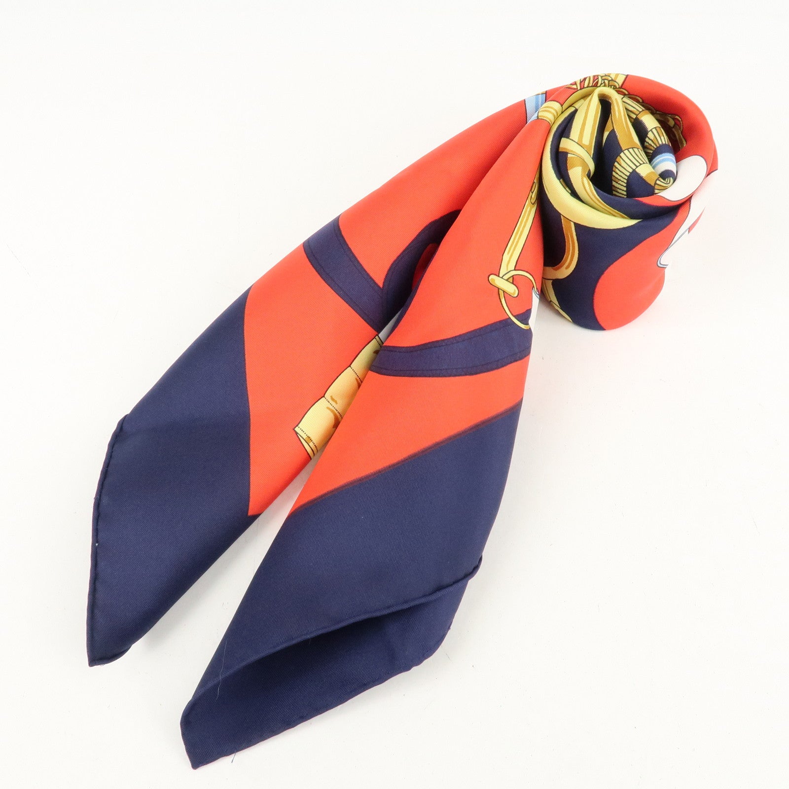 HERMES Carre 90 100% Silk Scarf Eperon d'or Red Navy Gold Used