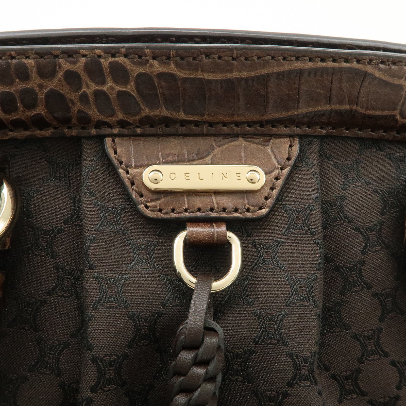 CELINE Macadam Canvas Leather Shoulder Bag Fringe Brown Used