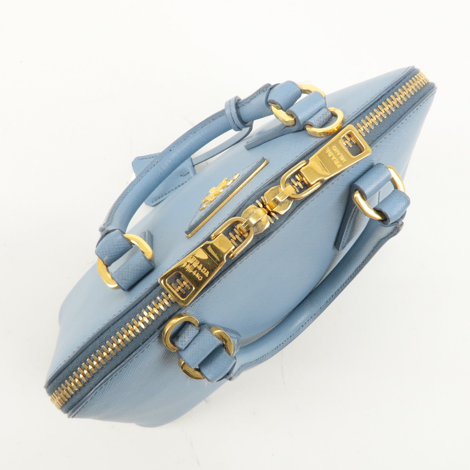 PRADA Triangle Logo Saffiano Leather Hand Bag Light Blue