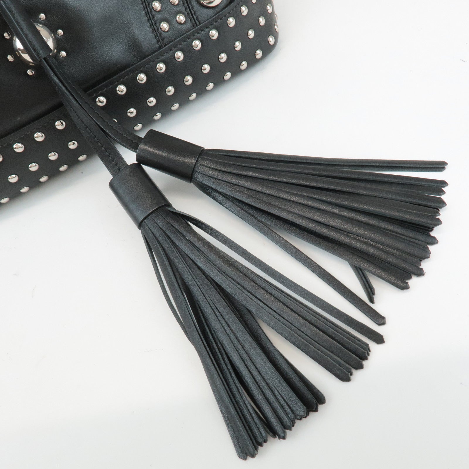 PRADA Calf Leather Drawstring Shoulder Bag Studs Tassel B5061M