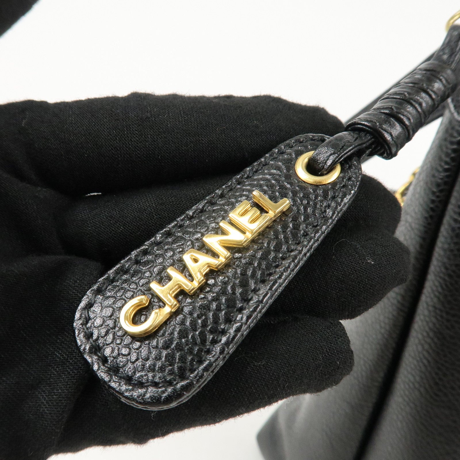 CHANEL COCO Mark Caviar Skin Chain Tote Bag Black Gold