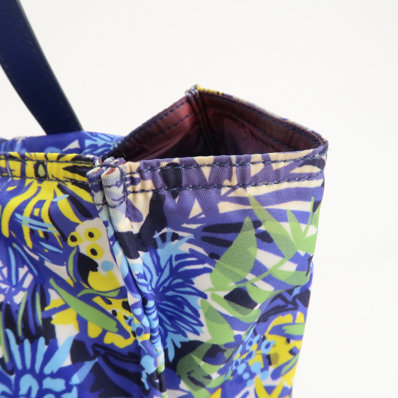 PRADA Logo Nylon Leather Tote Bag Floral Print Blue BN2851