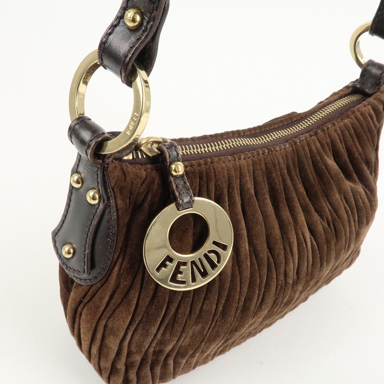FENDI Suede Leather Gathered Shoulder Bag Dark Brown 8BR454 Used