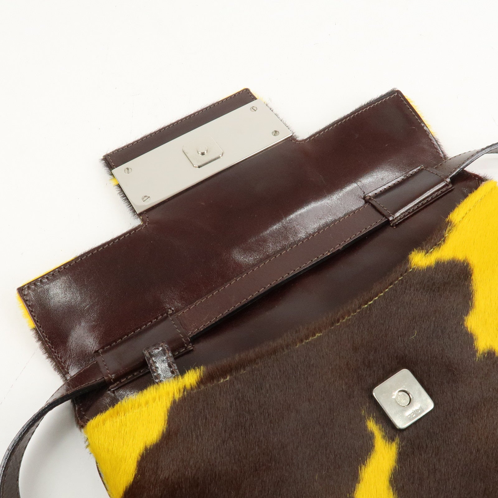 FENDI COW Unborn Calf Leather Shoulder Bag Yellow Brown