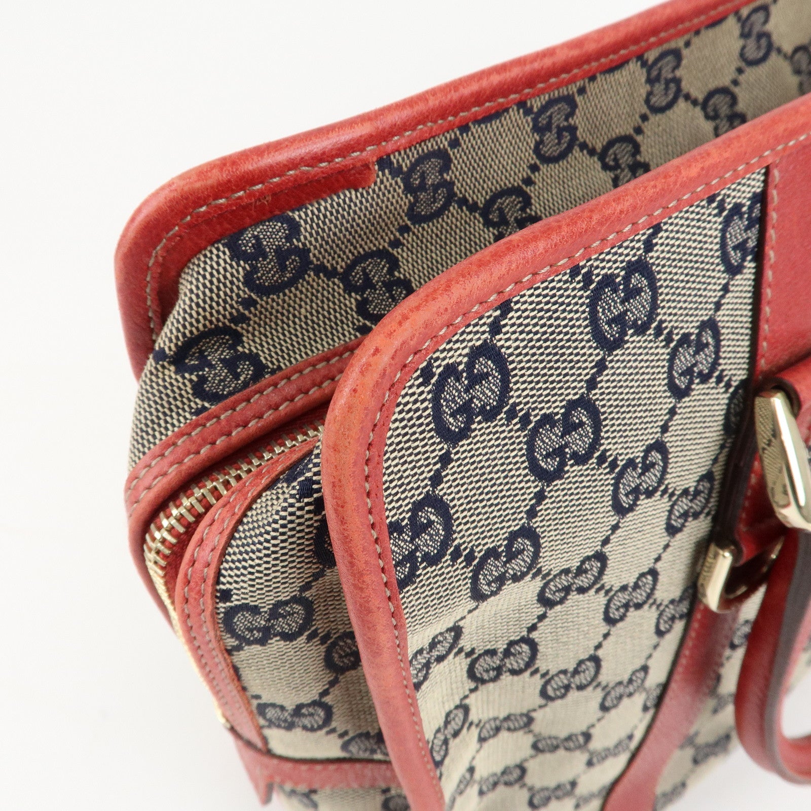 GUCCI GG Canvas Leather Hand Bag Shoulder Bag 130940 Used Navy Red F/S