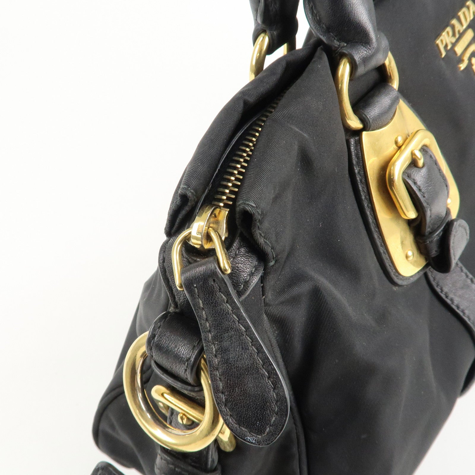 PRADA Logo Nylon Leather 2Way Shoulder Bag Black Gold HDW BN1903 Used