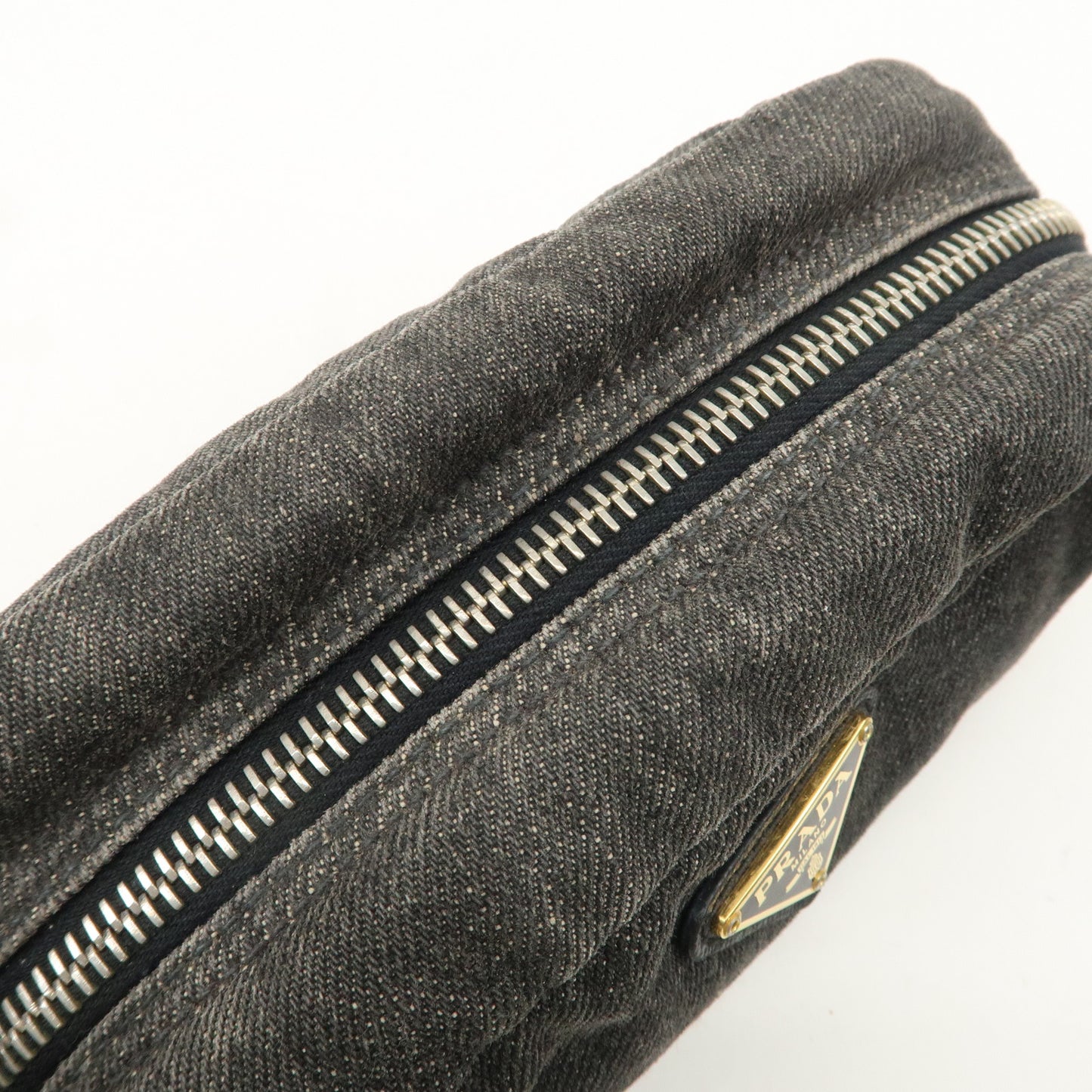 PRADA Triangle Logo Denim Pouch Cosmetic Pouch Black Gold HDW