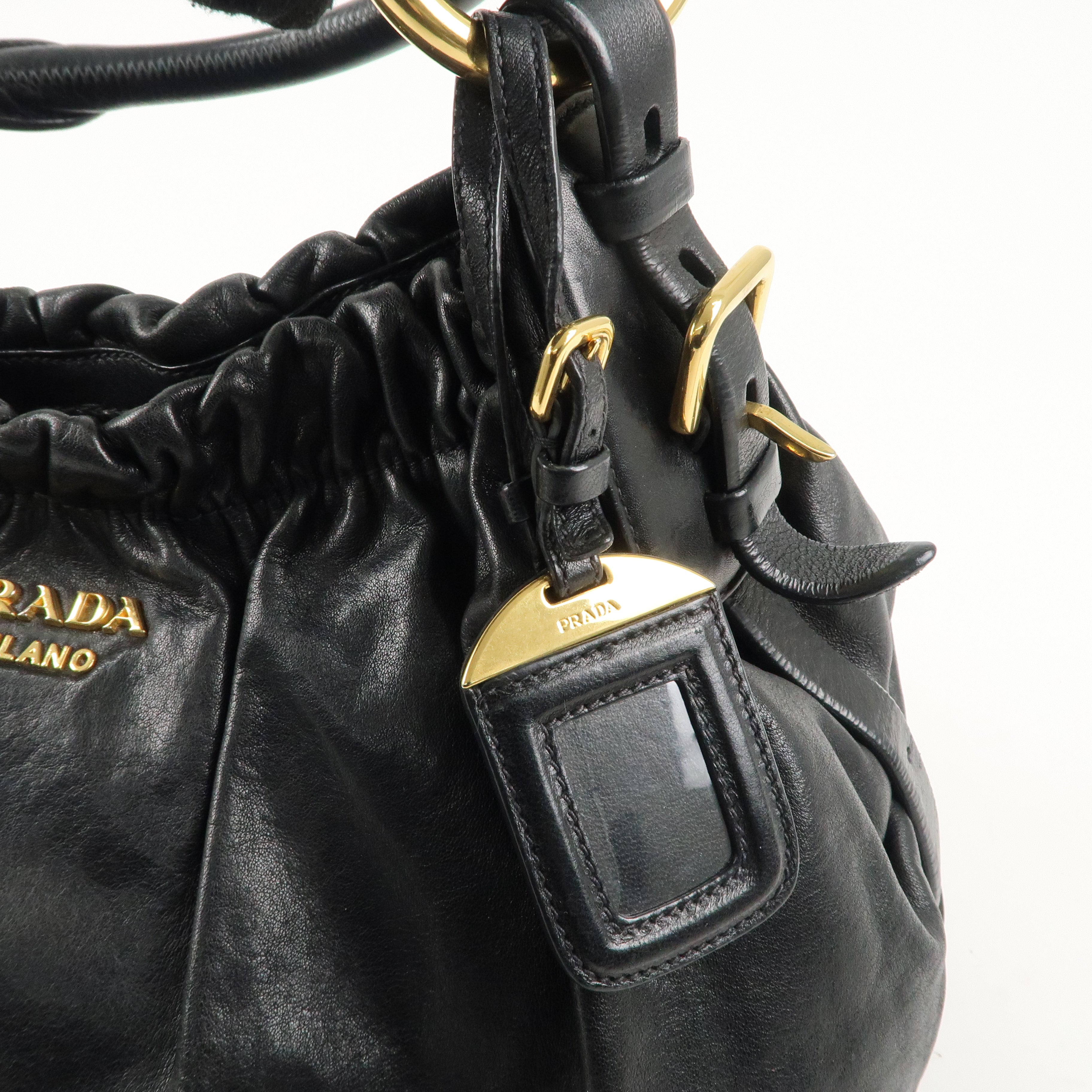 PRADA Logo Leather Shoulder Hand Bag Black Gold Hardware