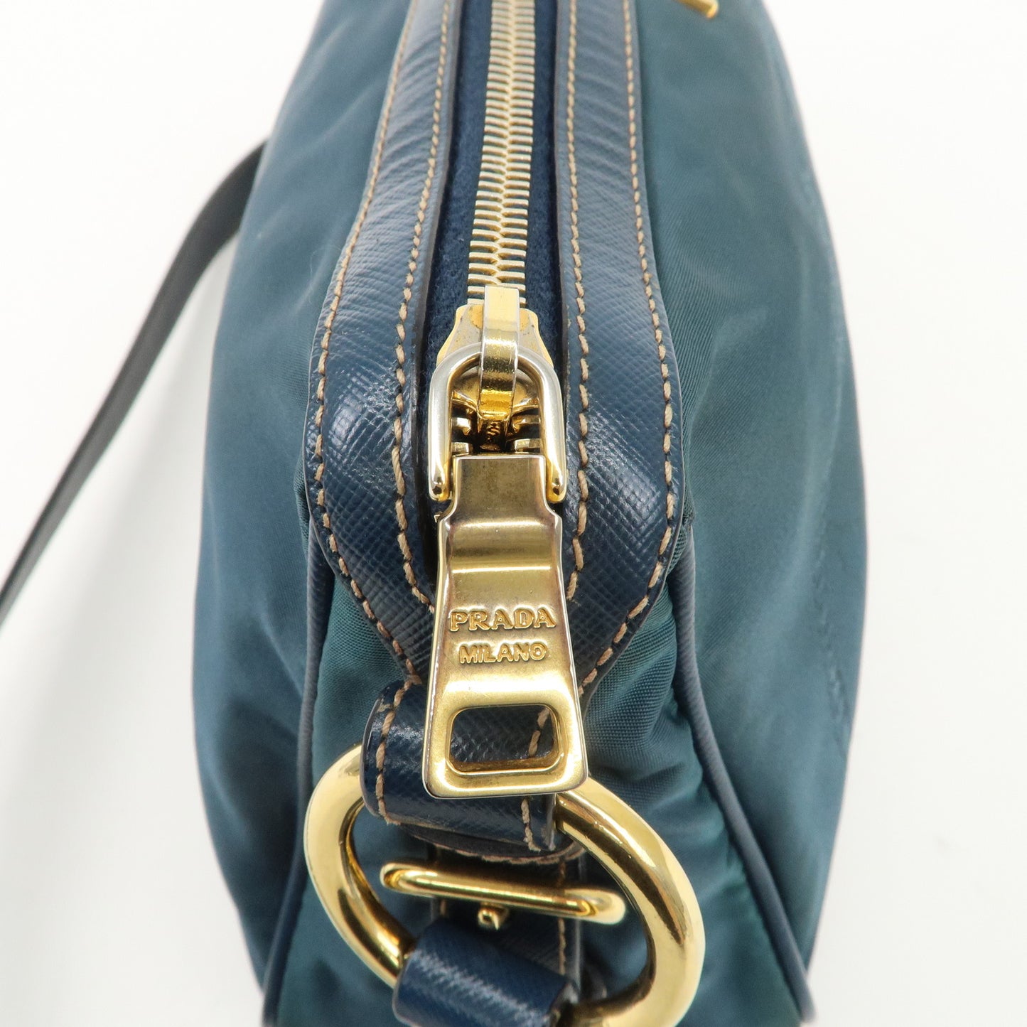 PRADA Nylon Leather Shoulder Bag Hand Bag Navy Gold HDW