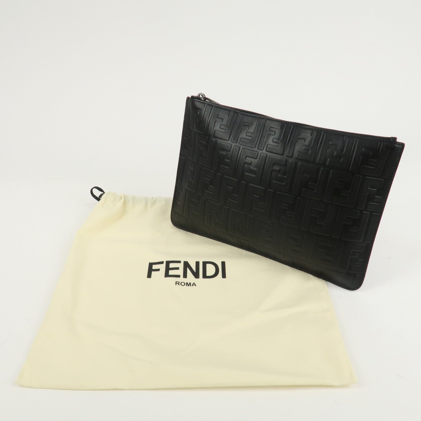 FENDI Zucca Leather Clutch Bag Hand Bag  Black 7N0078 Used