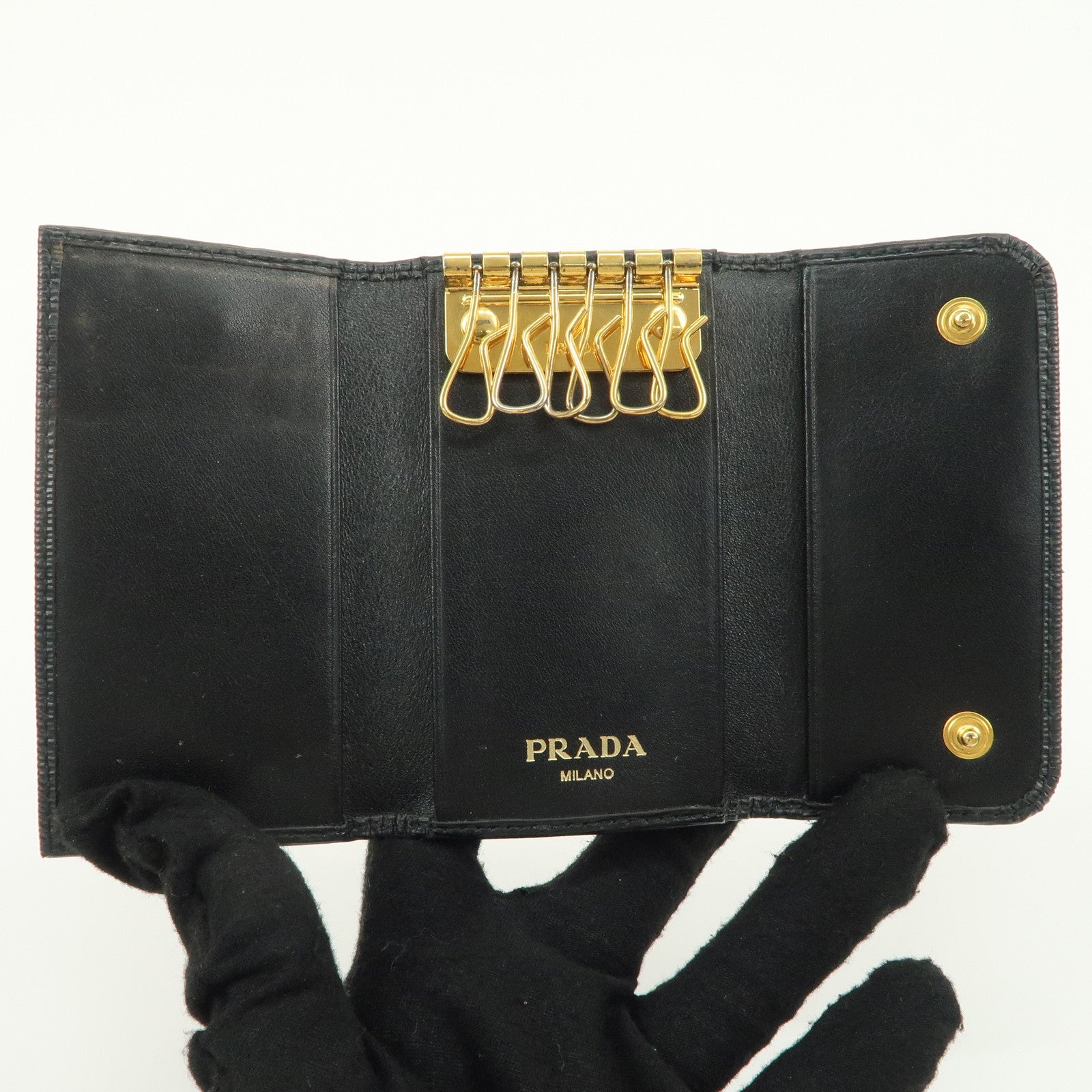 PRADA Leather 6 Key Hook Key Case Key Holder Black Gold HDW