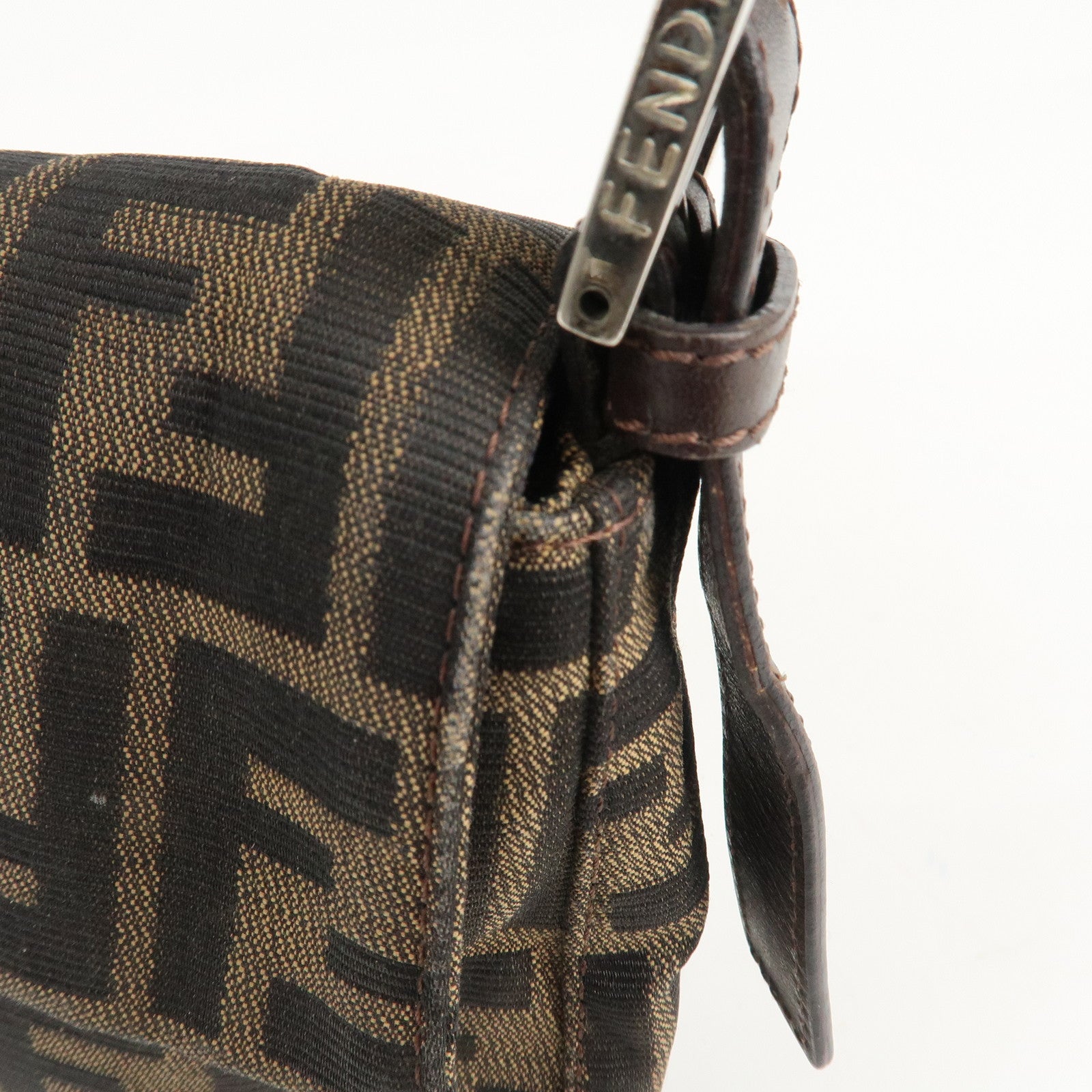 FENDI Mamma Baguette Zucca Canvas Leather Shoulder Bag Brown