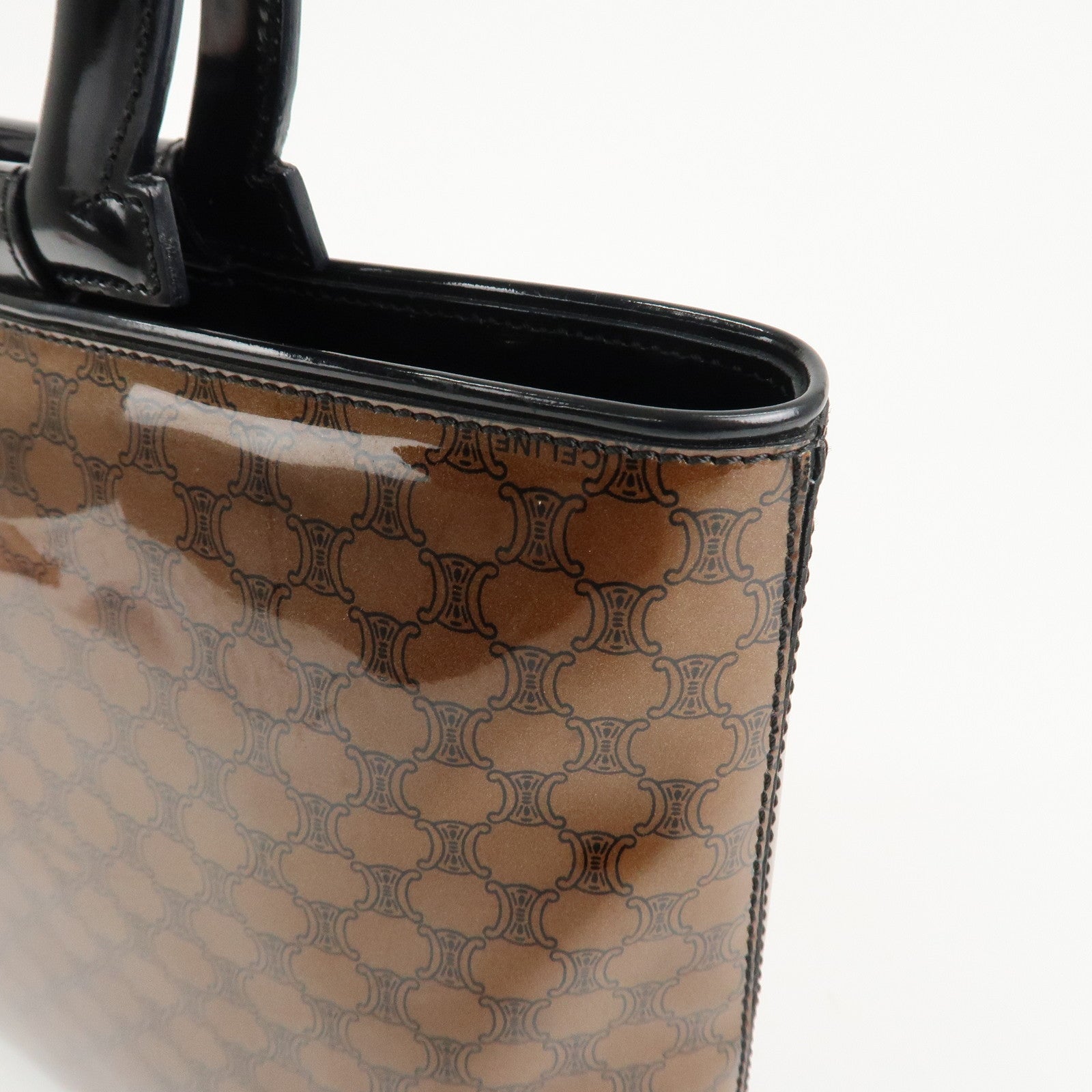 CELINE Macadam Patent Leather Mini Tote Bag Hand Bag Brown Black Used