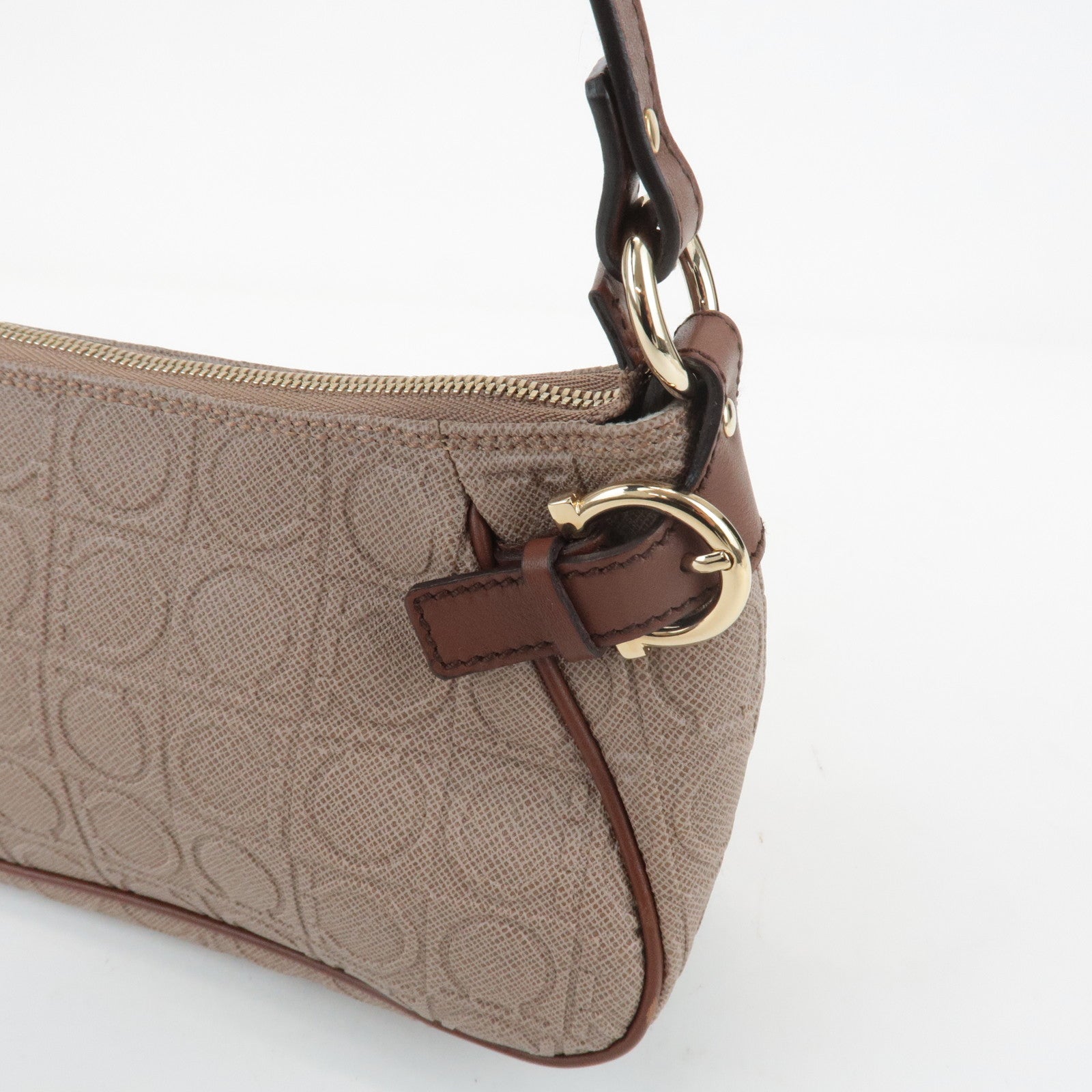 Ferragamo Gancini PVC Leather Shoulder Bag Pink Beige Brown Used