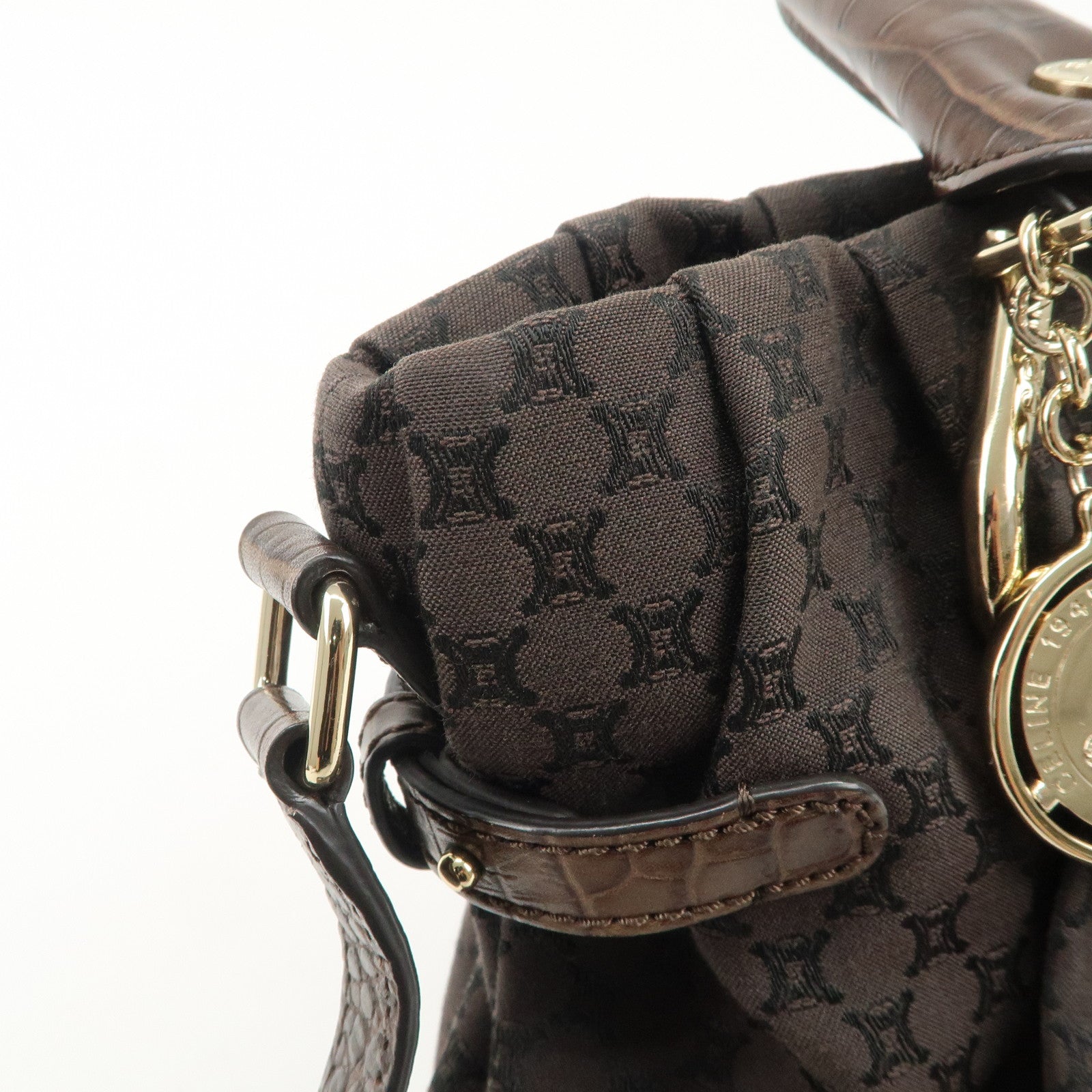 CELINE Macadam Canvas Leather 2Way Bag Gold Charm Dark Brown Used