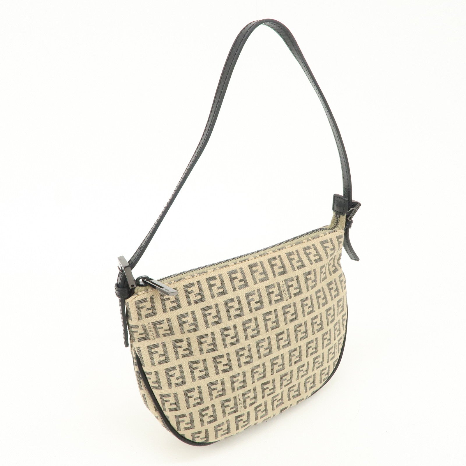 FENDI Zucchino Canvas Leather Shoulder Bag Beige Black 8BR312