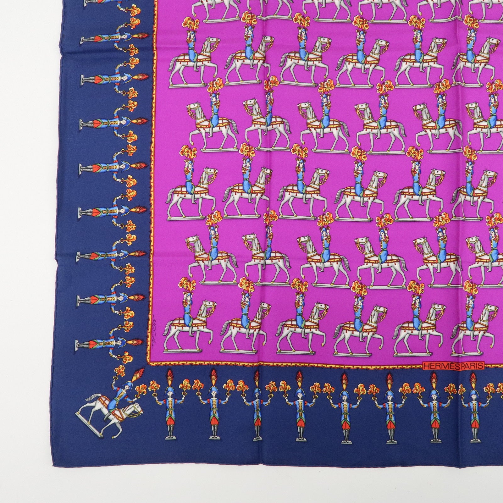 HERMES Carre 90 Silk 100% Scarf Les Artificiers Navy Purple
