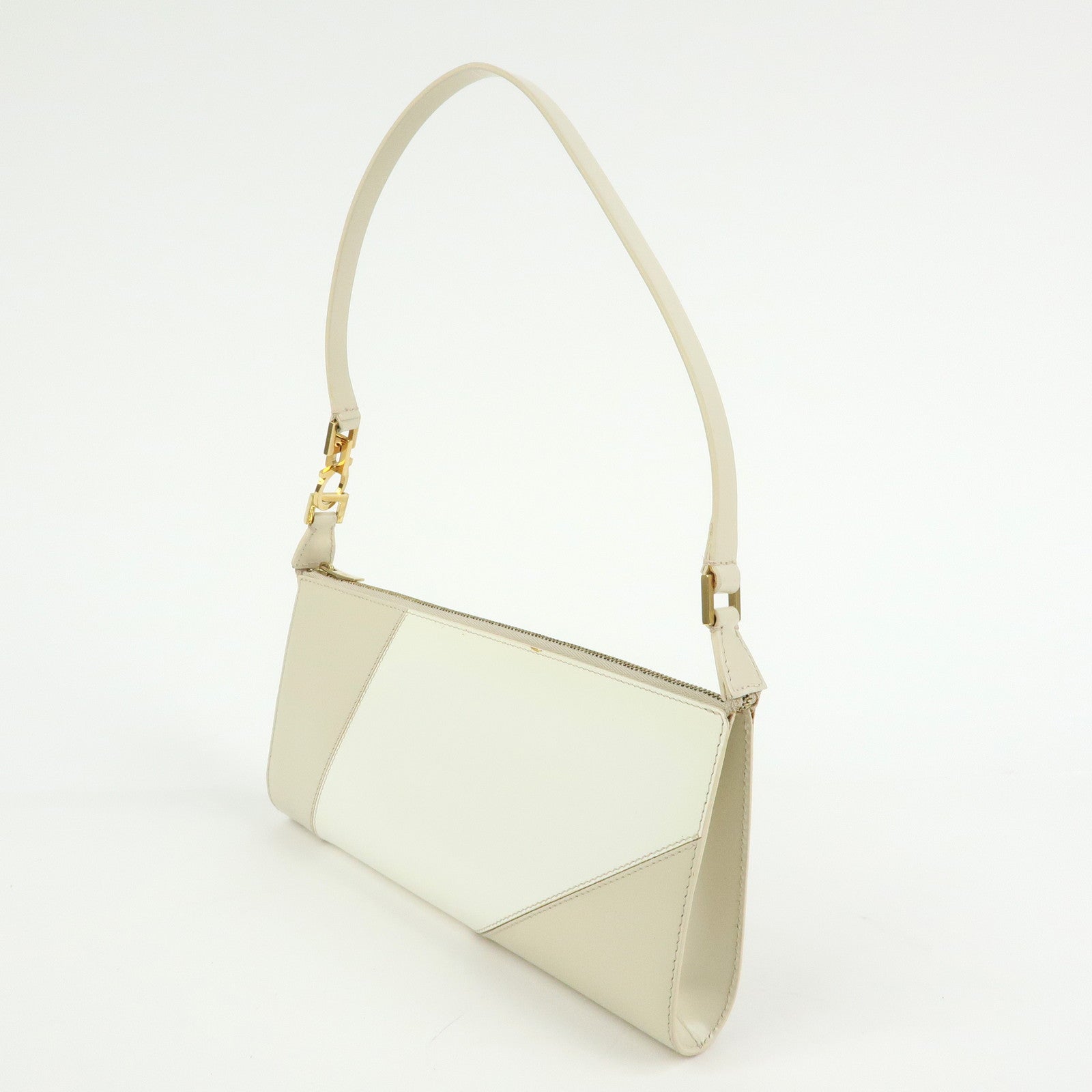 Ferragamo Gancini Leather Shoulder Bag Hand Bag Beige Ivory