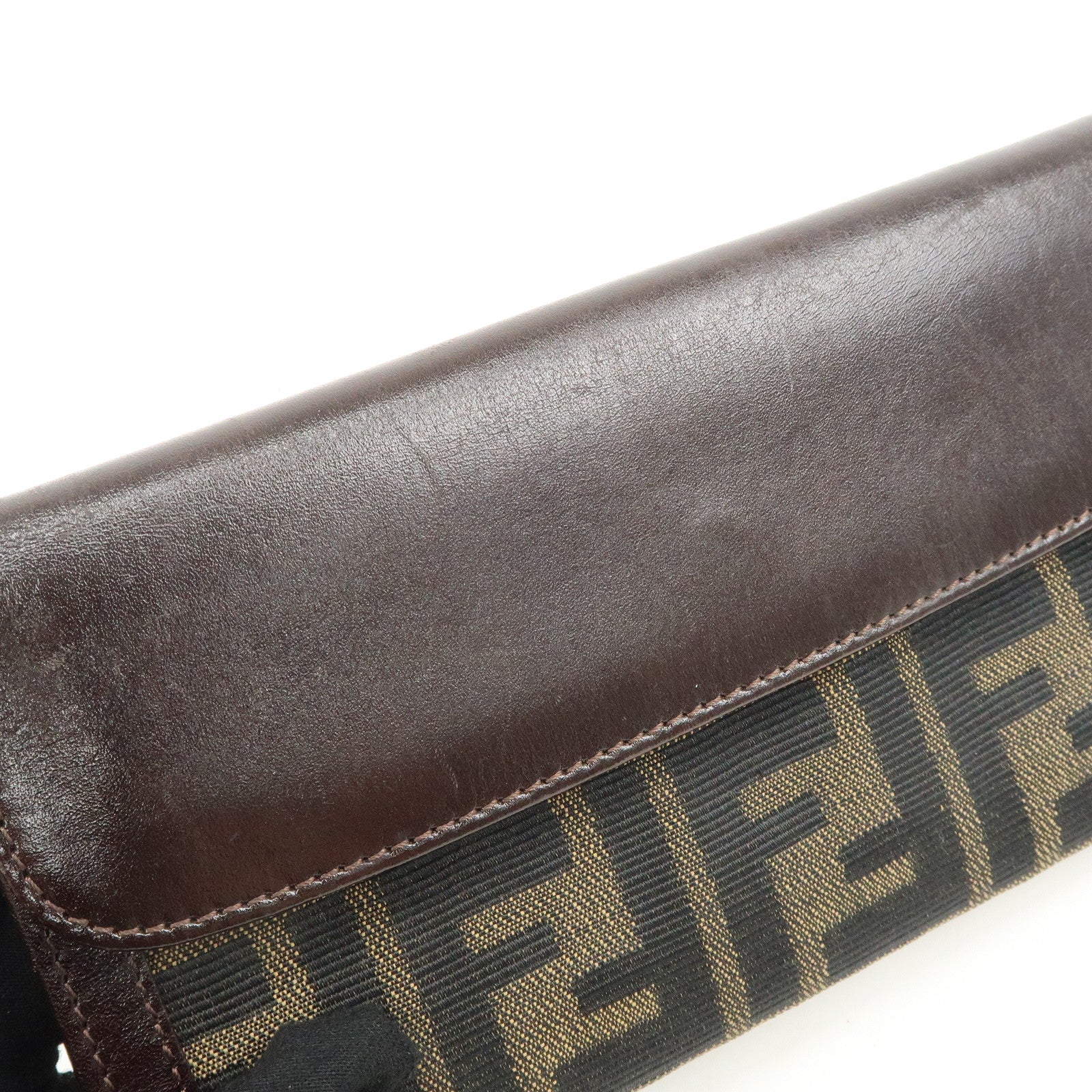 FENDI Zucca Canvas Leather W Hook Long Wallet Brown 1339