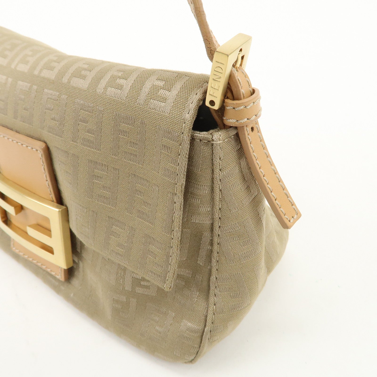 FENDI Mini Mamma Baguette Zucchino Canvas Leather Shoulder Bag Used