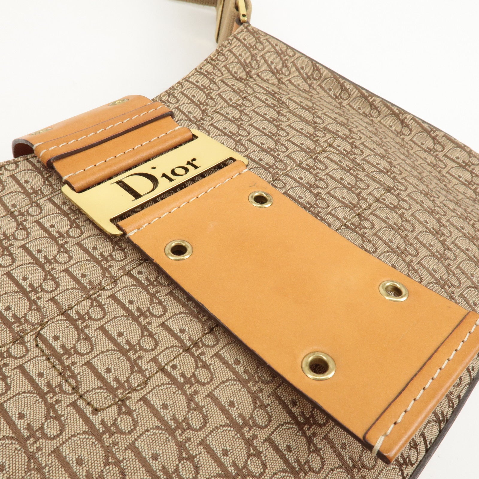 Christian Dior Trotter Canvas Leather Shoulder Bag Beige Brown