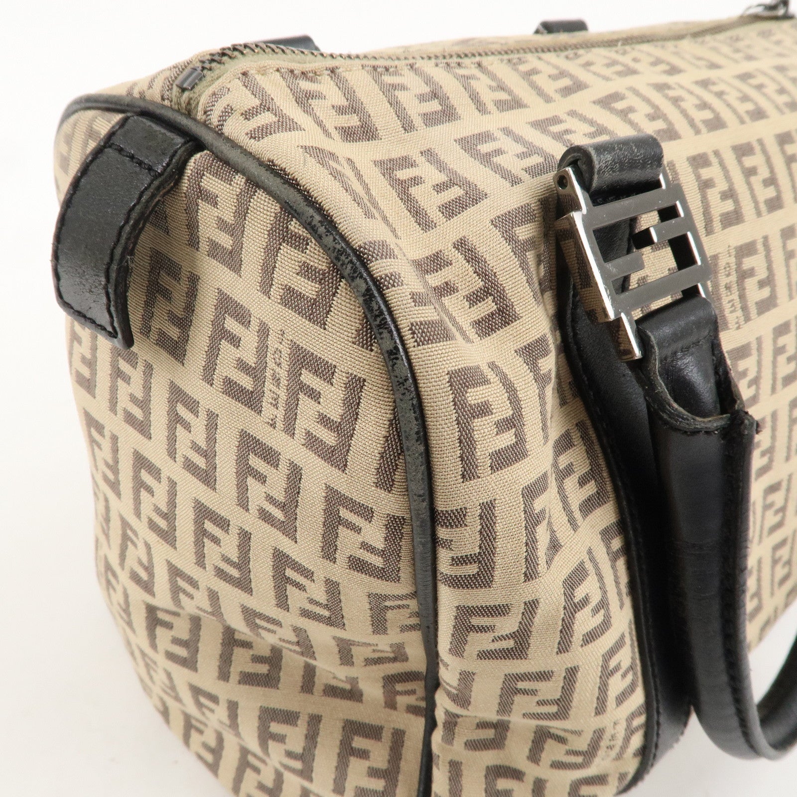 FENDI Zucchino Canvas Leather Mini Boston Bag Beige Black