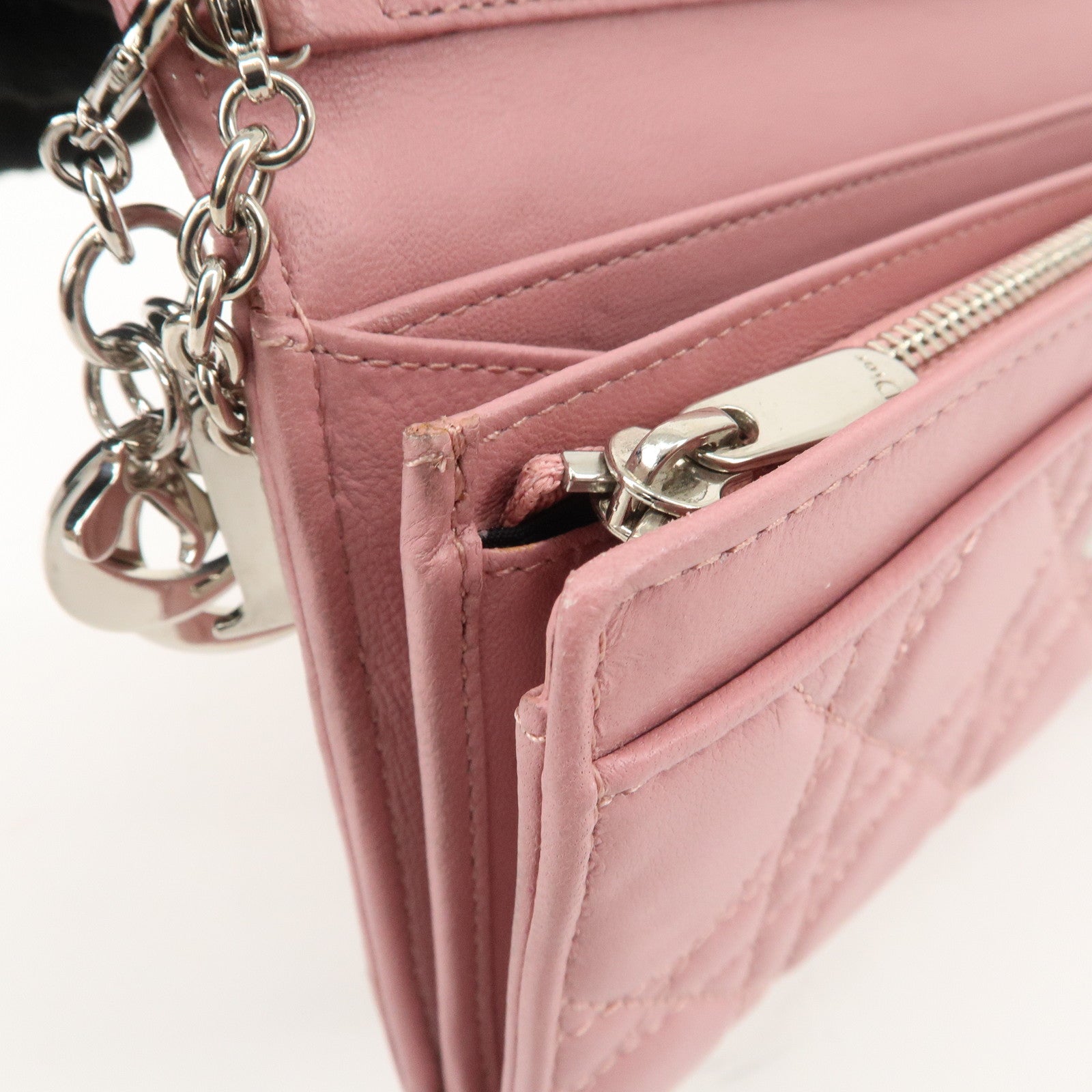 Christian Dior Cannage Dior Leather Chain Wallet Pink