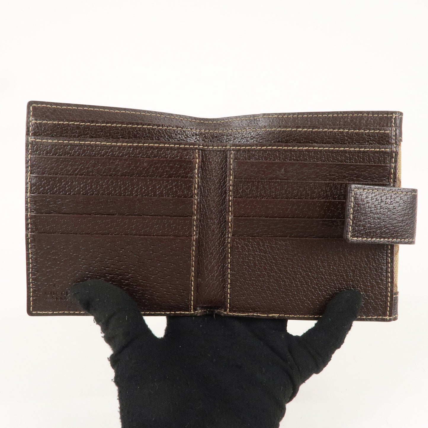 GUCCI GG Canvas Leather W Hook Bifold Wallet Beige Brown 154117